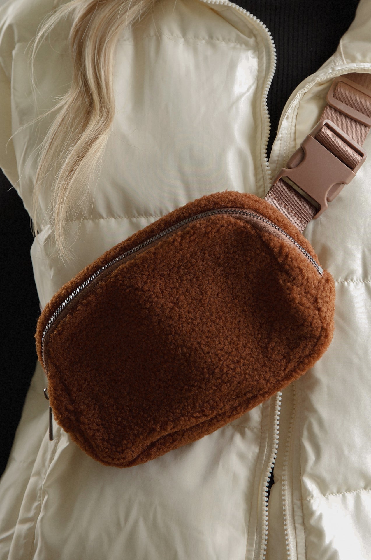 brown sherpa fleece crossbody belt bag