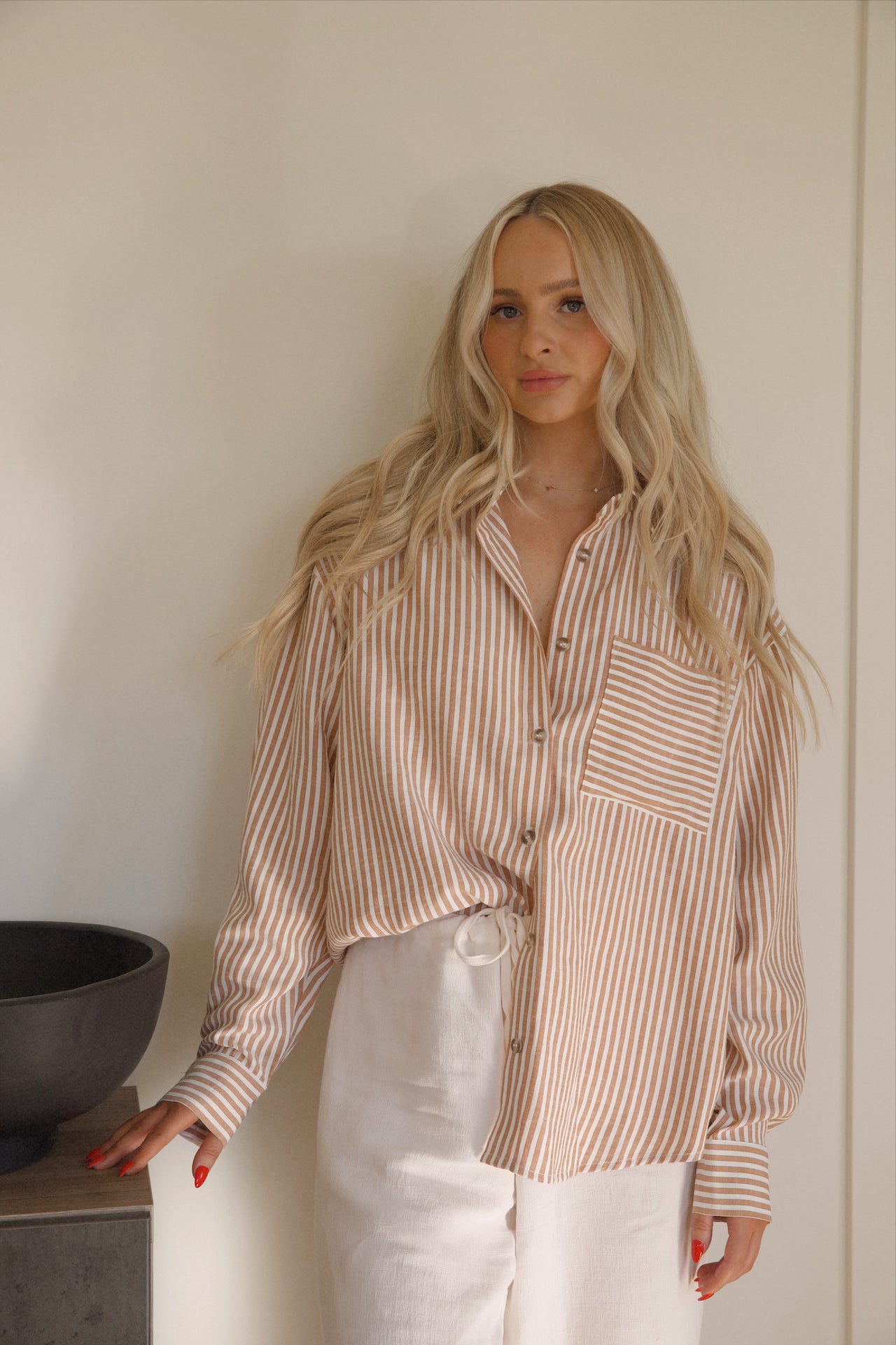 brown striped button up shirt for women