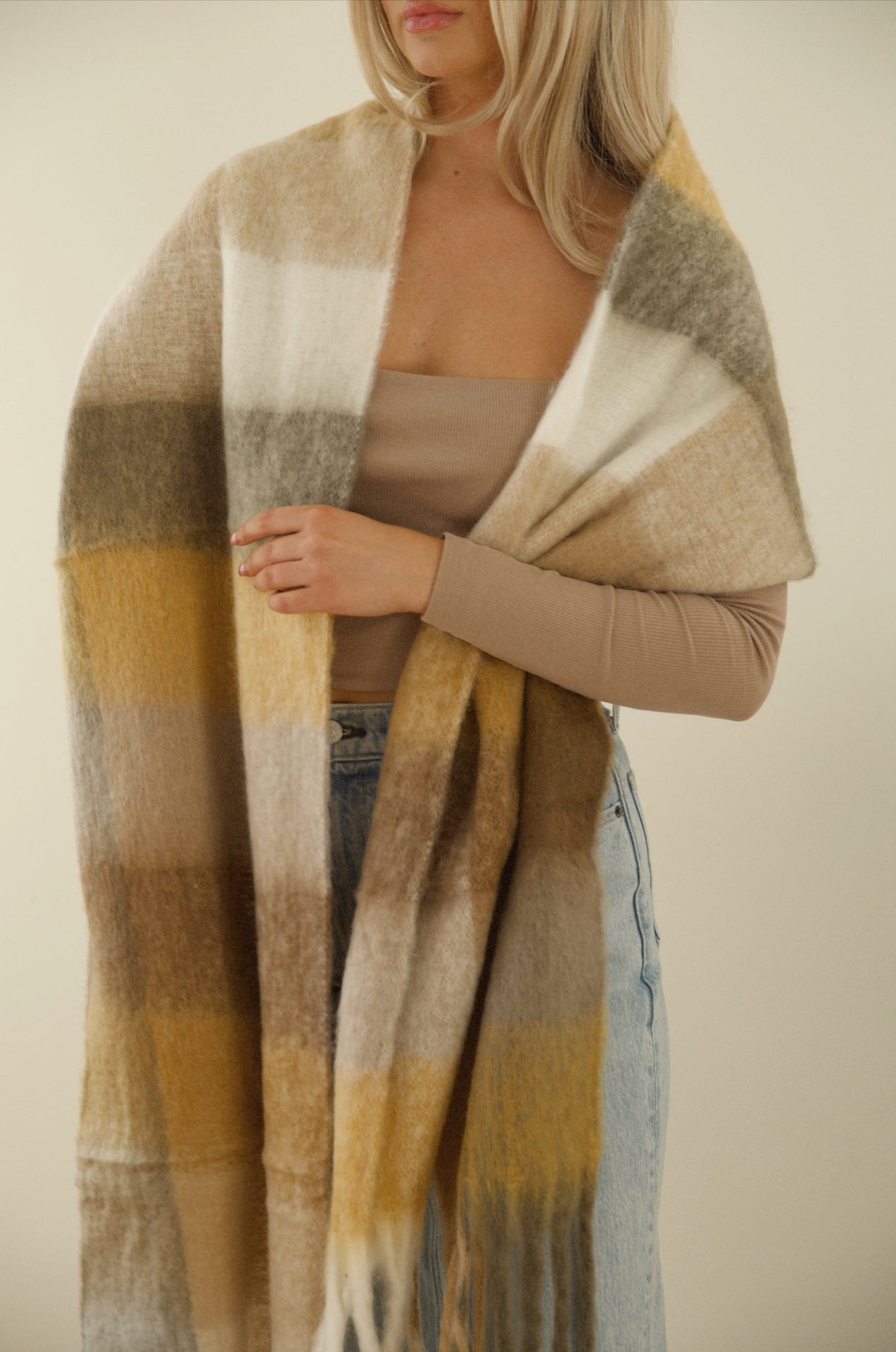 Cozy Feels Checkered Fringe Scarf - Brown