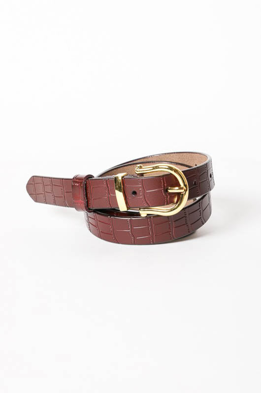 brown croc embossed genuine leather belt with gold buckle