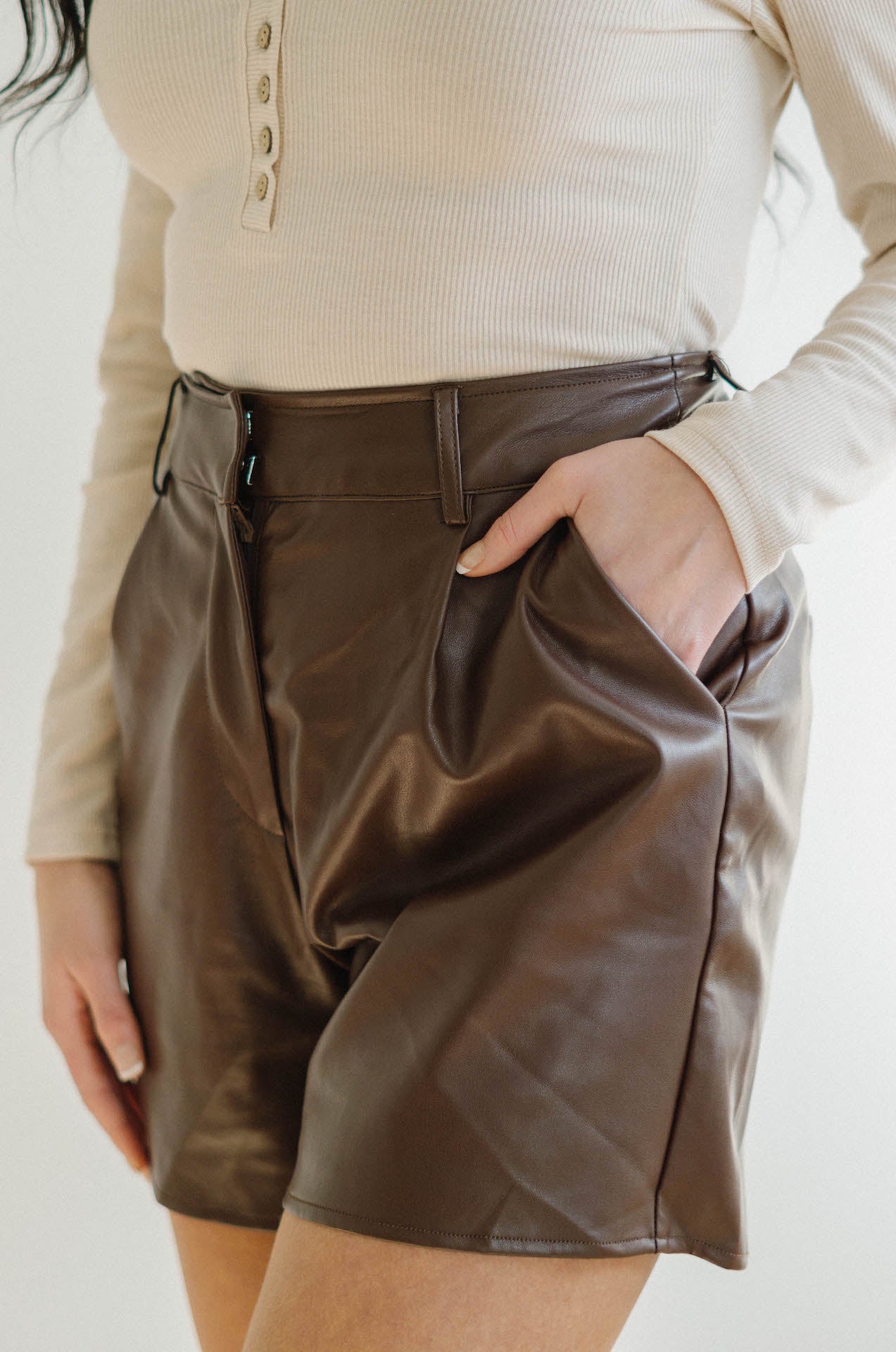 Romie Brown Vegan Leather High Waisted Shorts