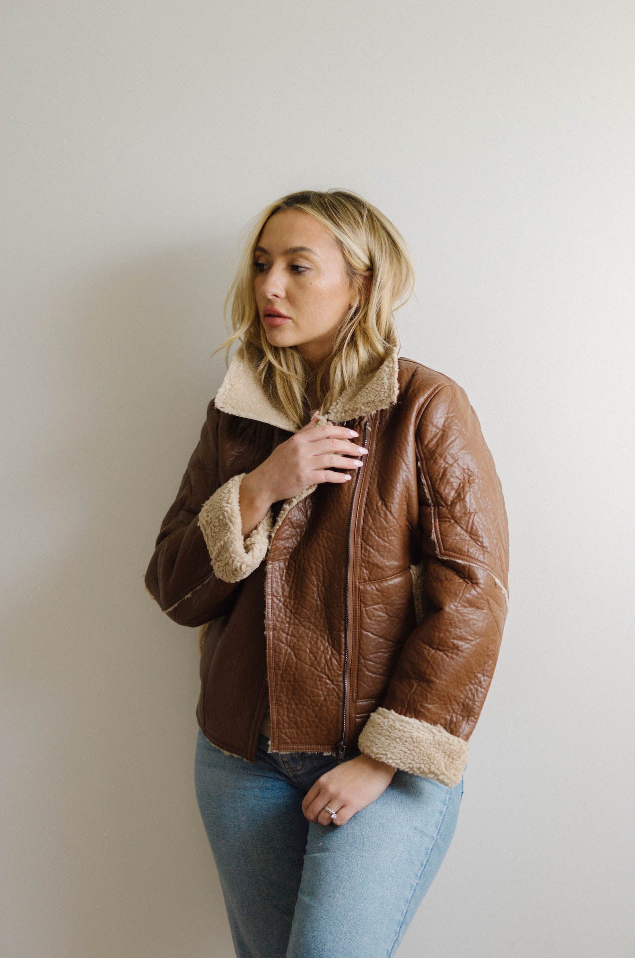 brown faux leather moto jacket with sherpa shearling lining