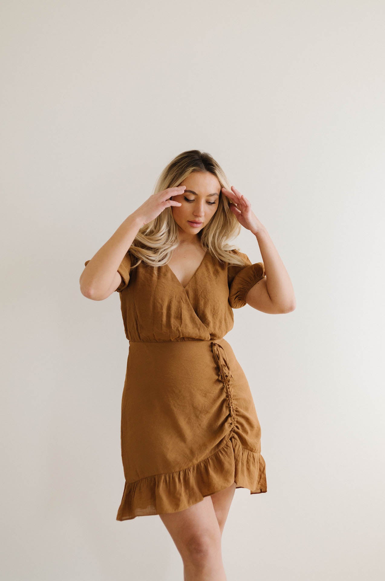 ruched front brown mini dress with sleeves