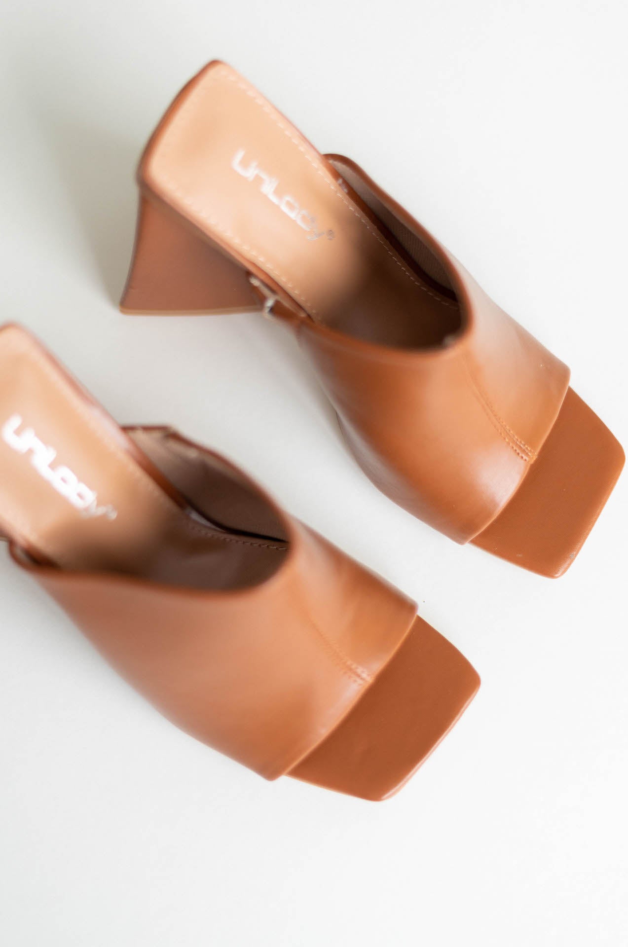 brown triangle block mule sandal heels