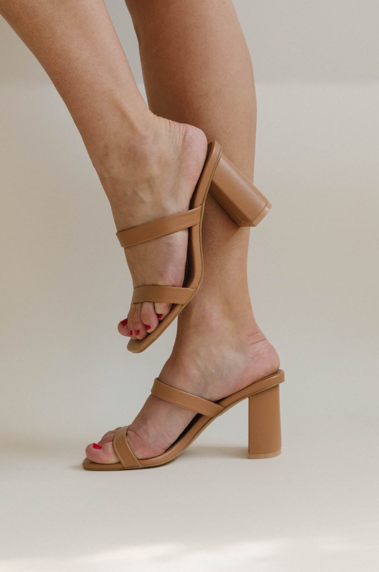 brown nude strappy block heel sandals