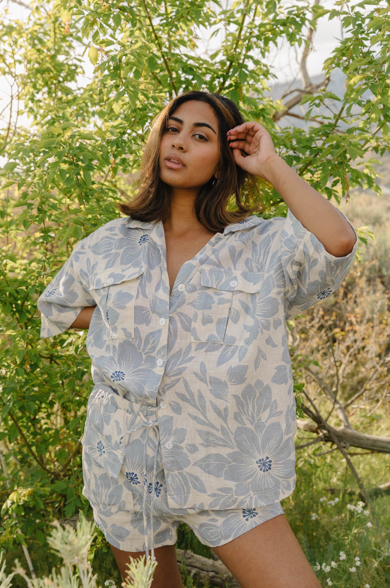blue and white button down and shorts set