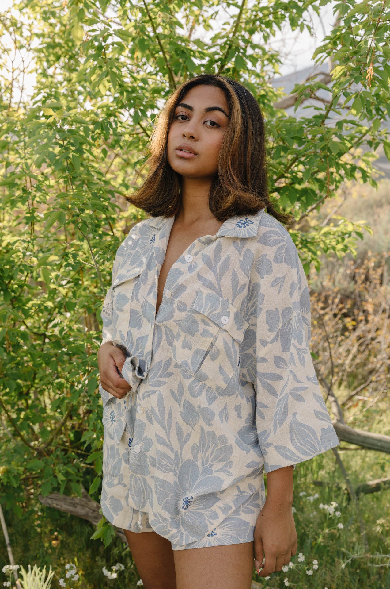 blue and white button down and shorts set