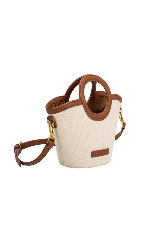 melie bianco beige canvas handbag with brown leather lining