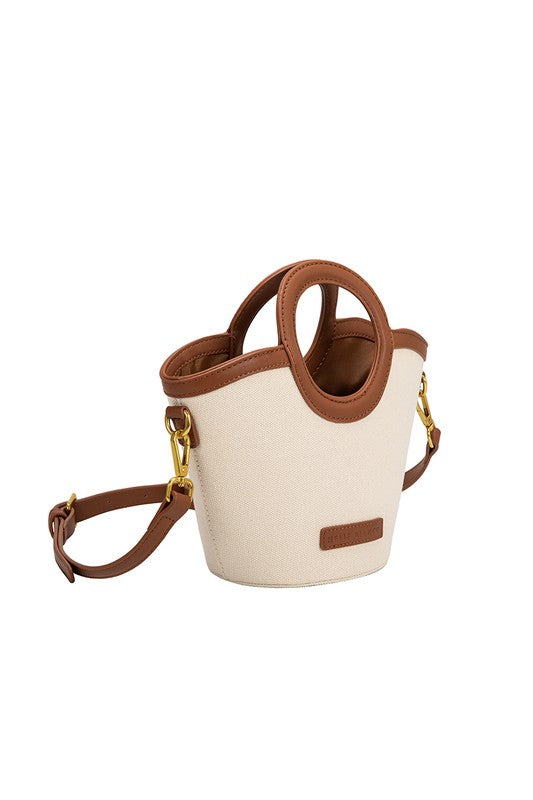 melie bianco beige canvas handbag with brown leather lining