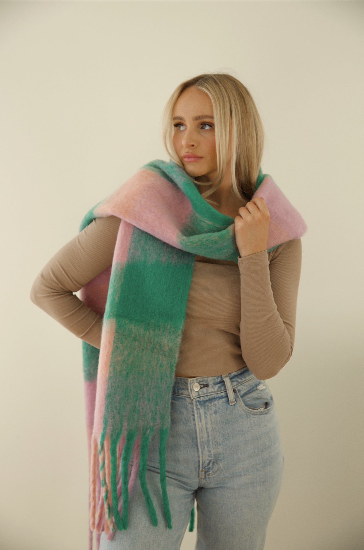 Cozy Feels Multicolor Fringe Scarf - Green/Lavender