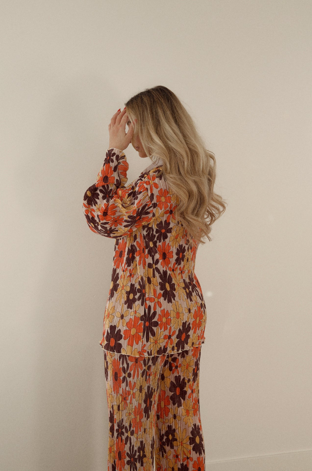 floral plisse set with long sleeve button down and pants