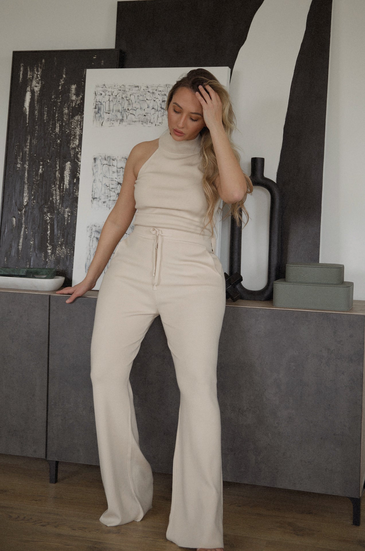 cream knit lounge set