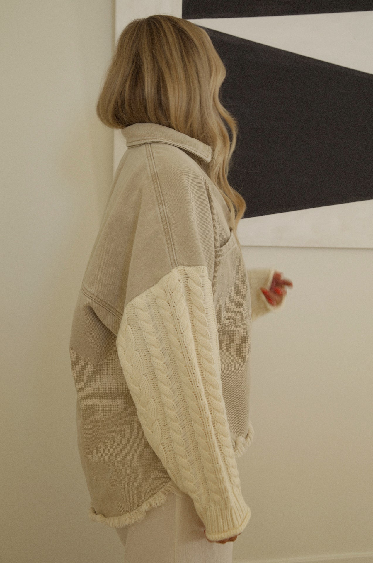 cream tan overshirt with knitted sleeve shacket style