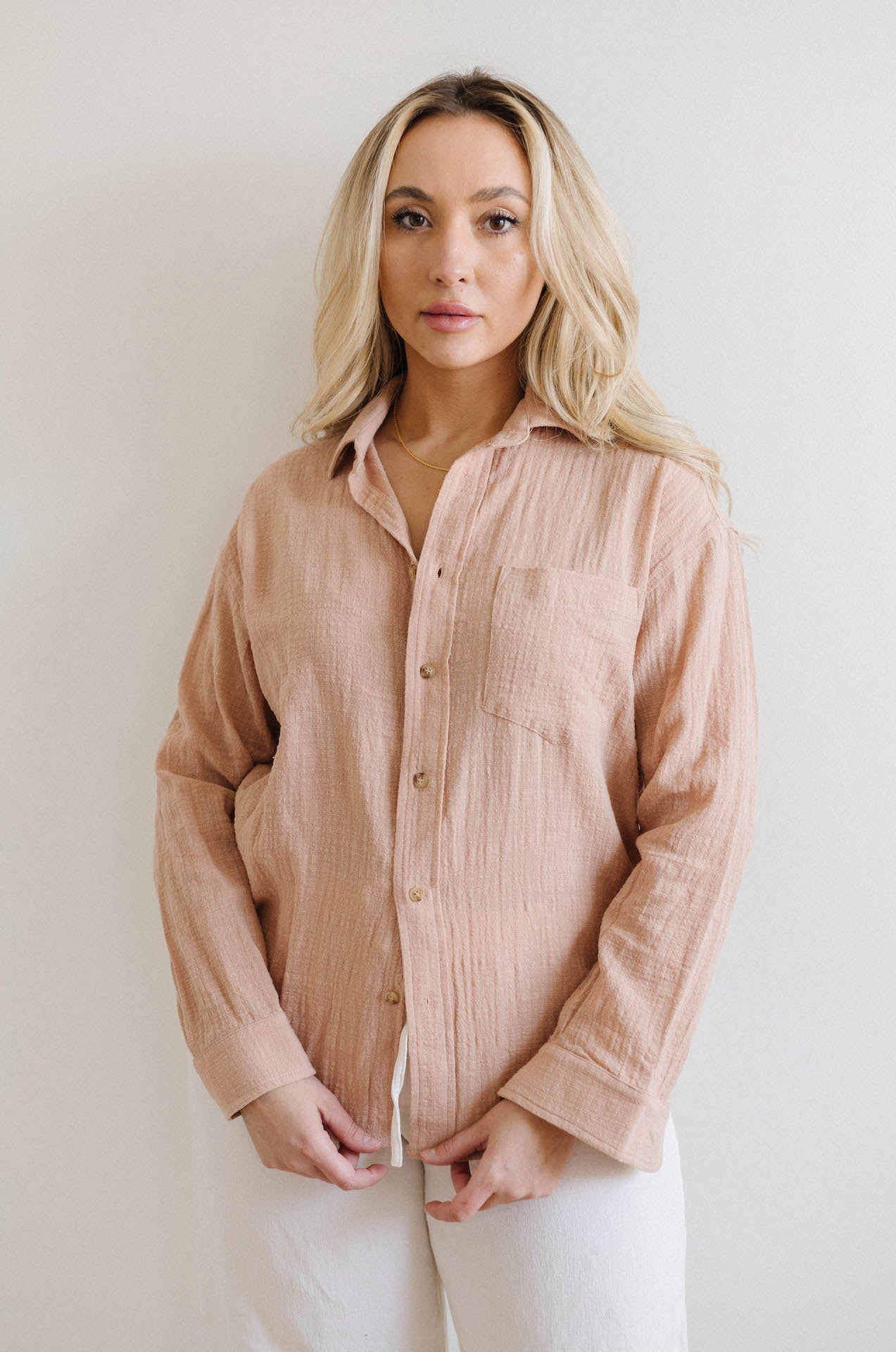 long sleeve taupe nude crinkle gauzy button down shirt