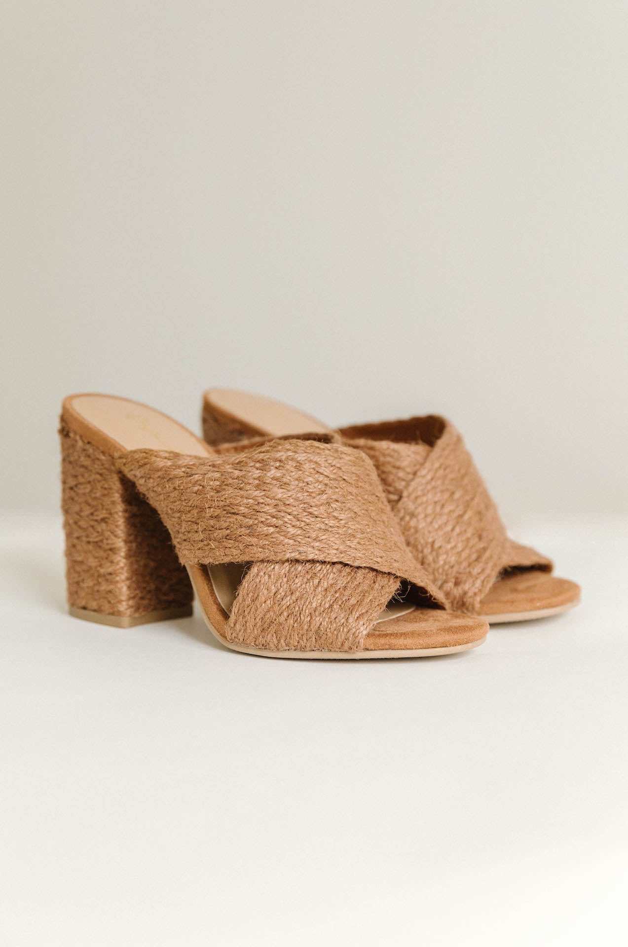 brown woven criss cross chunky heels