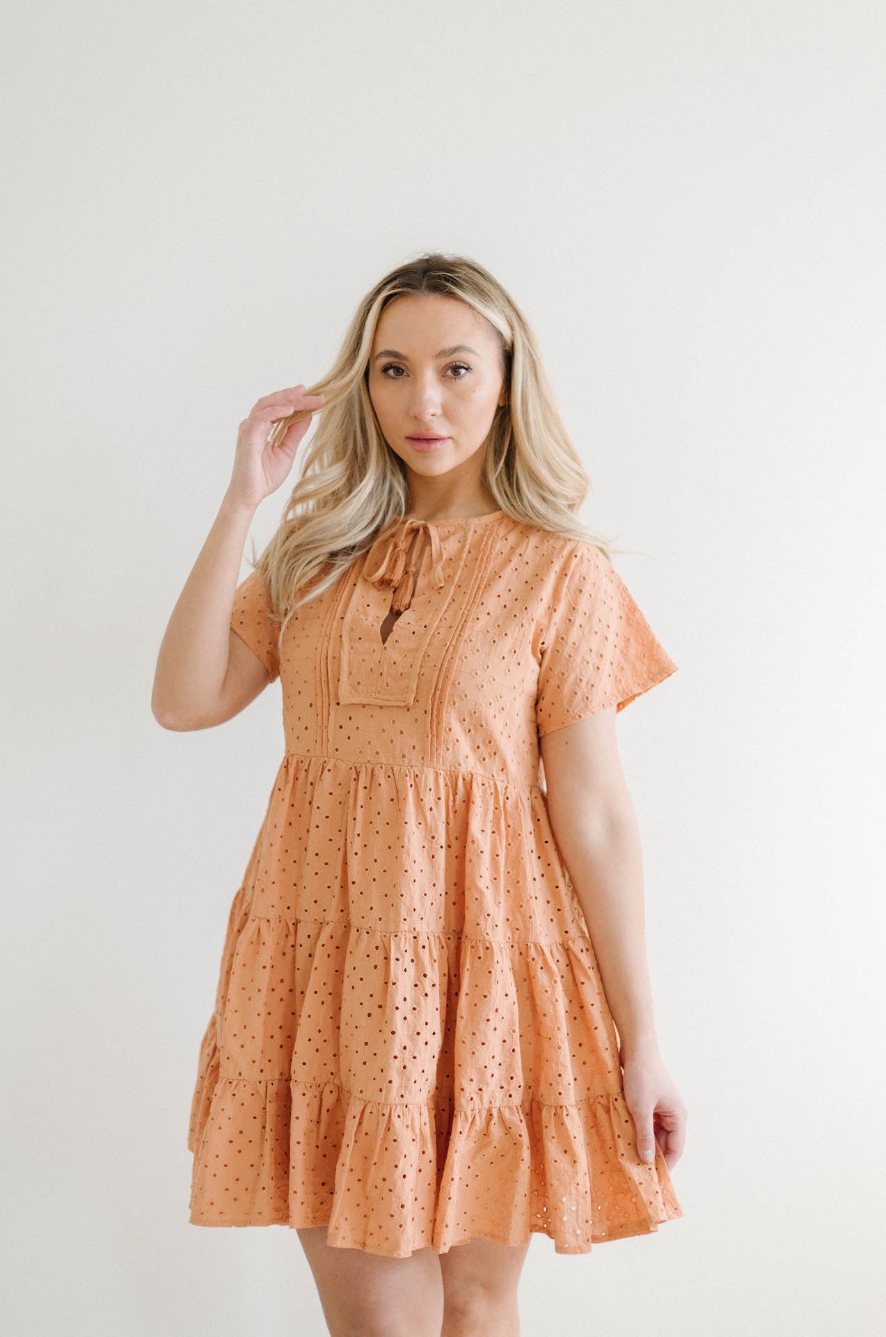 orange coral embroidered eyelet babydoll mini dress