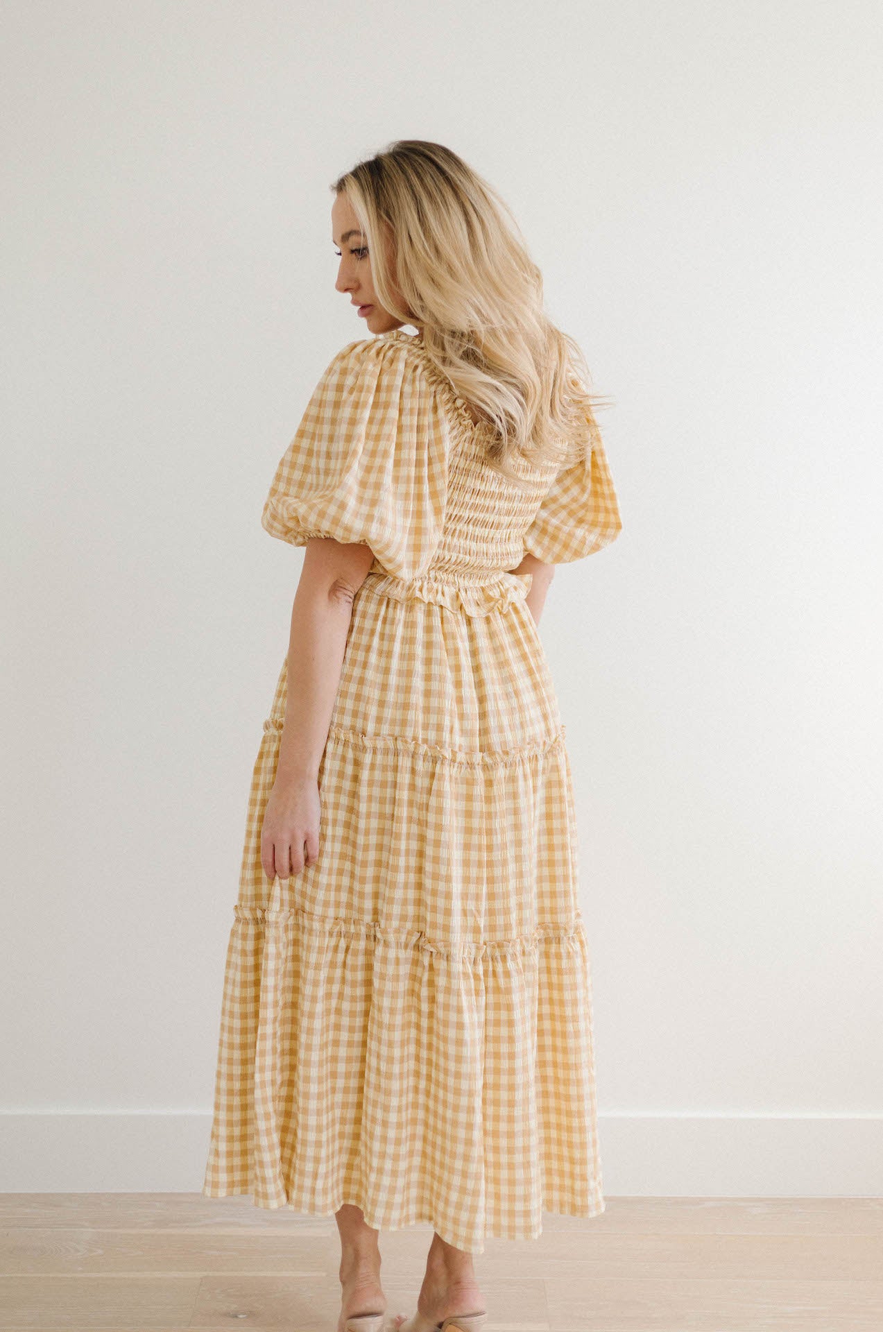 mustard gingham puff sleeve maxi tiered dress