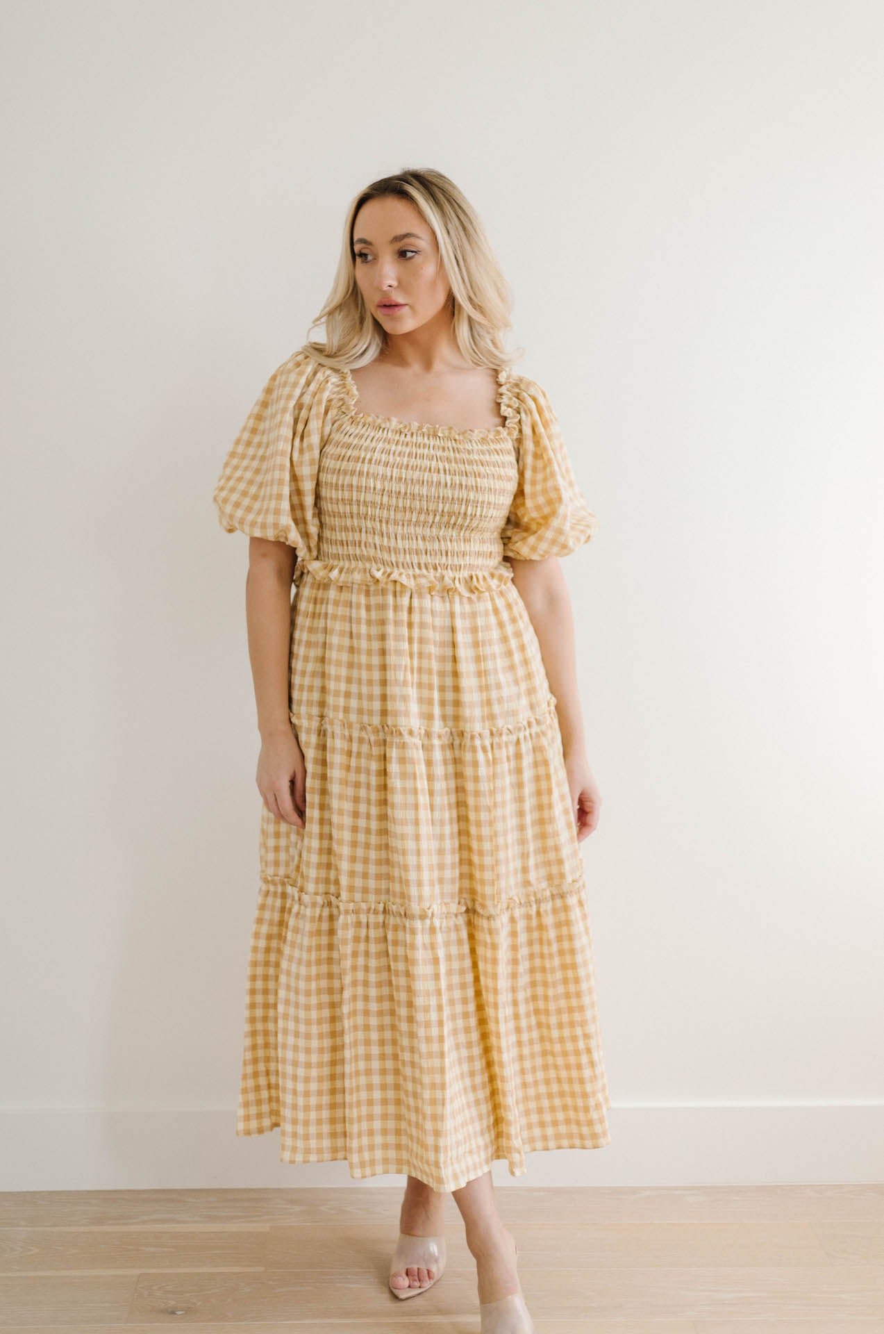 mustard gingham puff sleeve maxi tiered dress