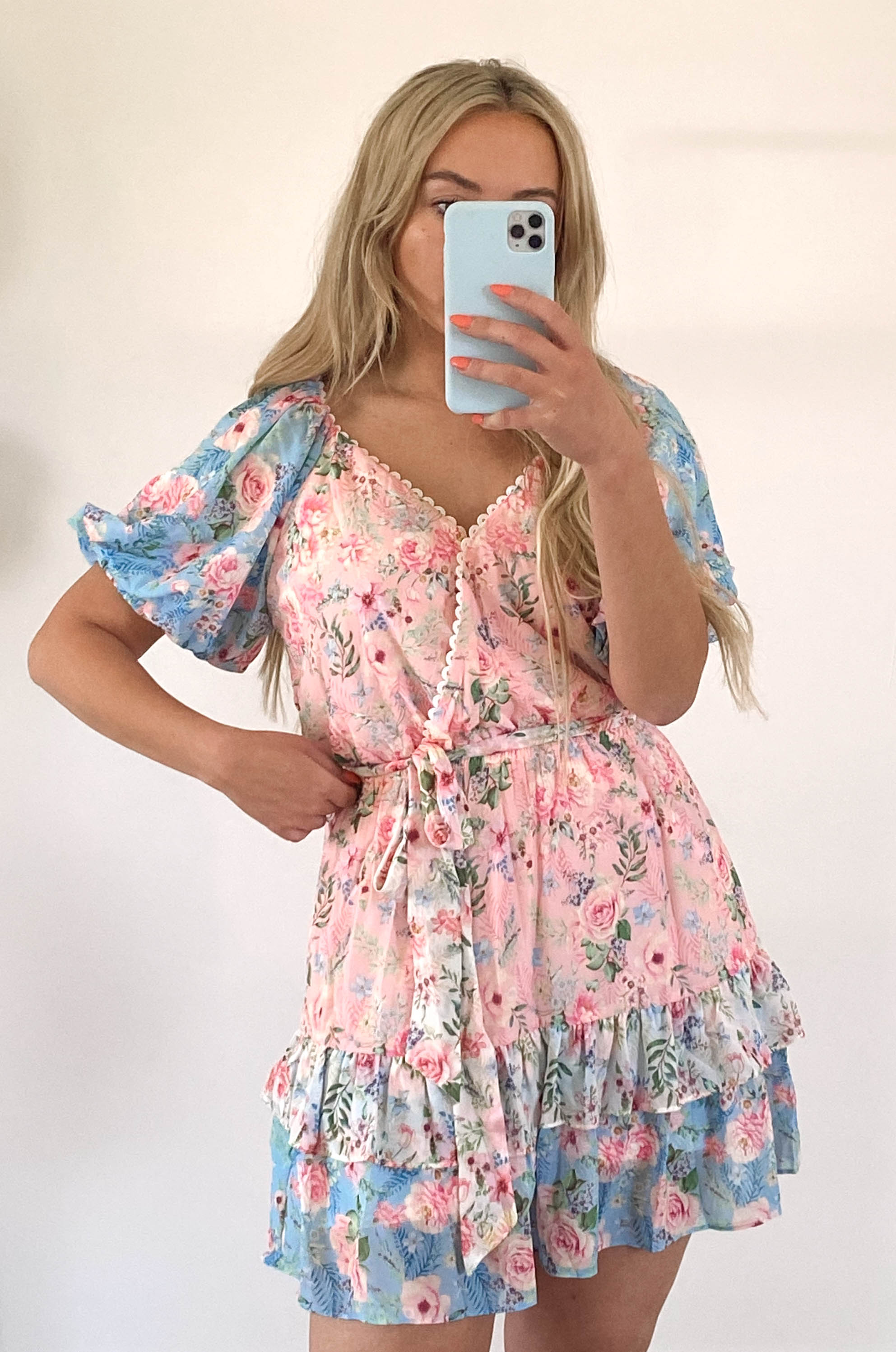 stylish girly feminine floral print dress with puff sleeves