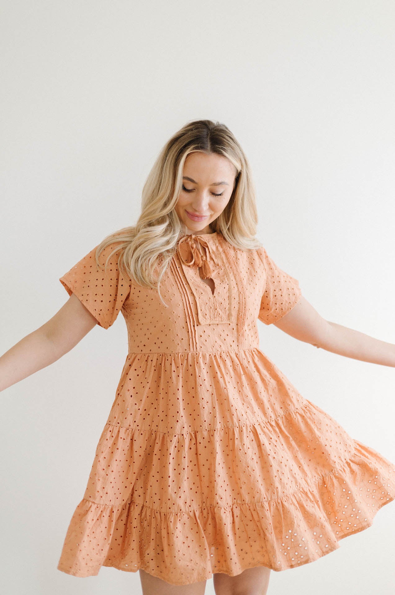 orange coral embroidered eyelet babydoll mini dress