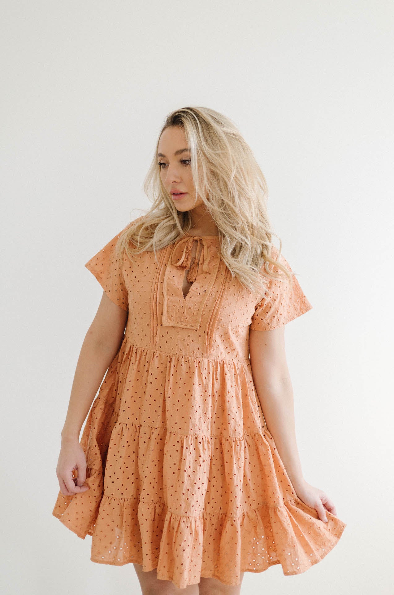 orange coral embroidered eyelet babydoll mini dress
