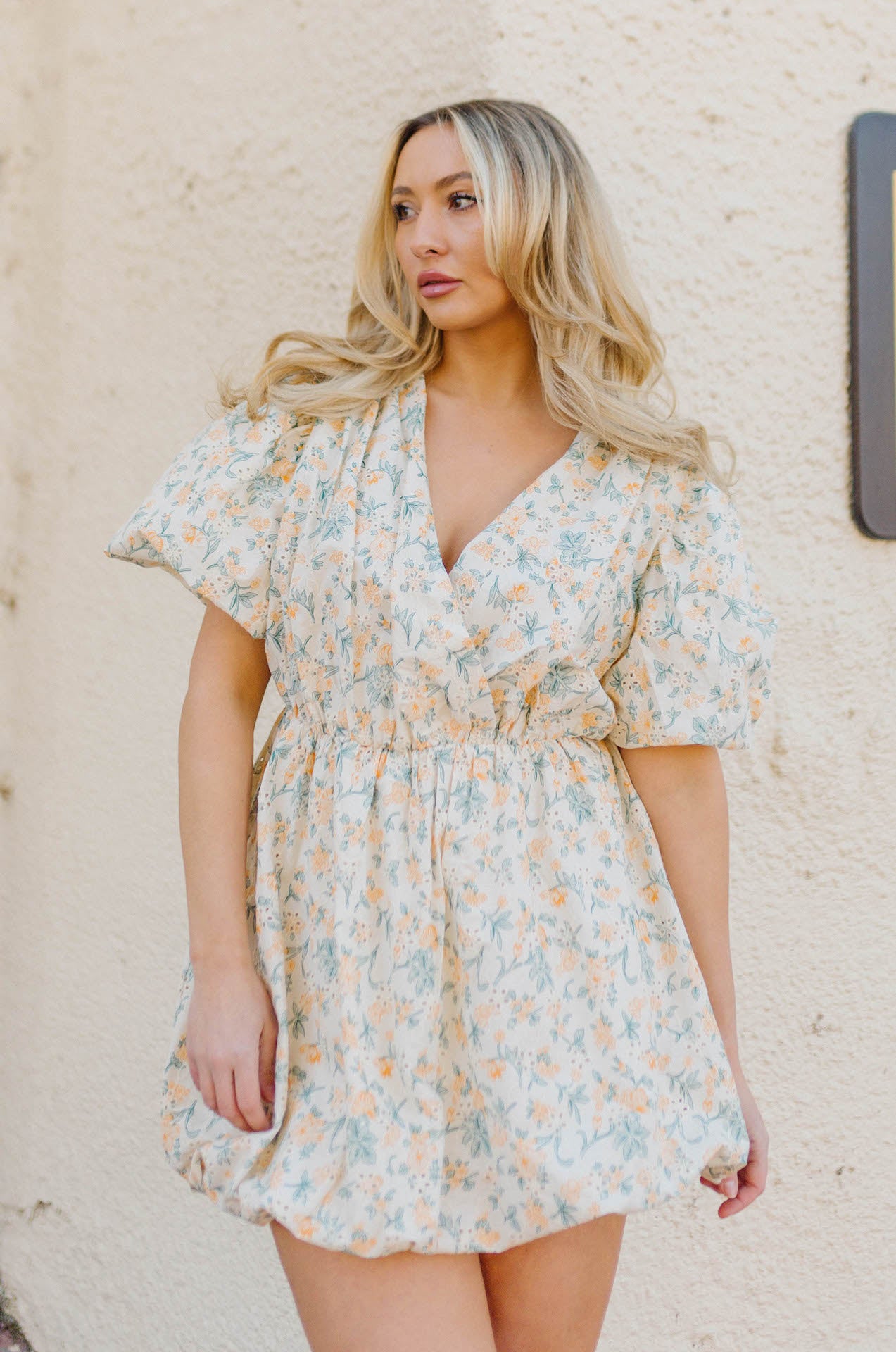 free the roses floral embroidered bubble mini dress with puff sleeves