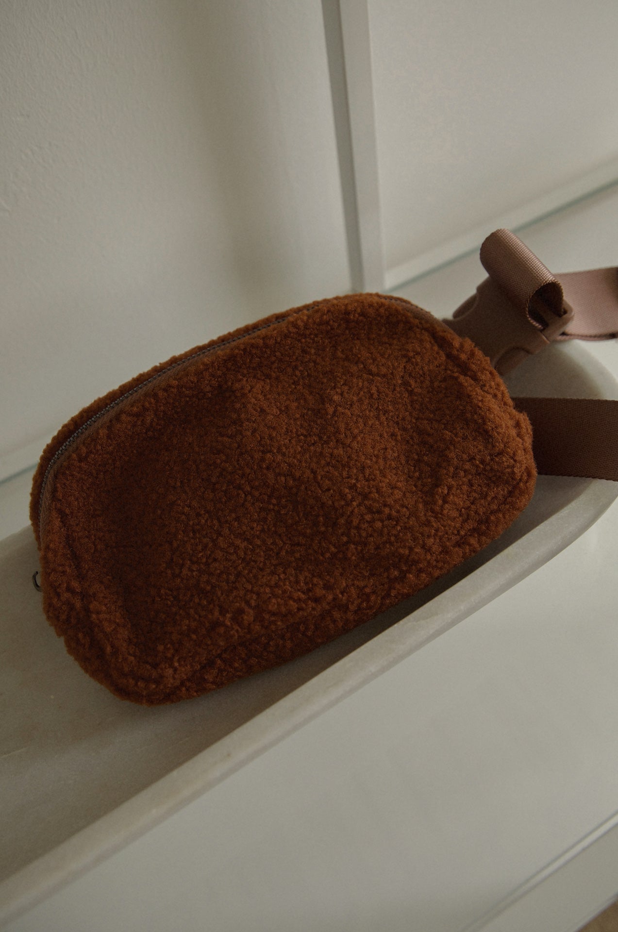 brown sherpa fleece crossbody belt bag