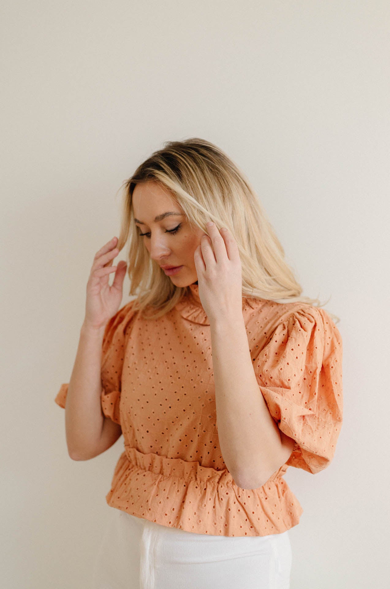 orange eyelet embroidered puff sleeve crop top blouse
