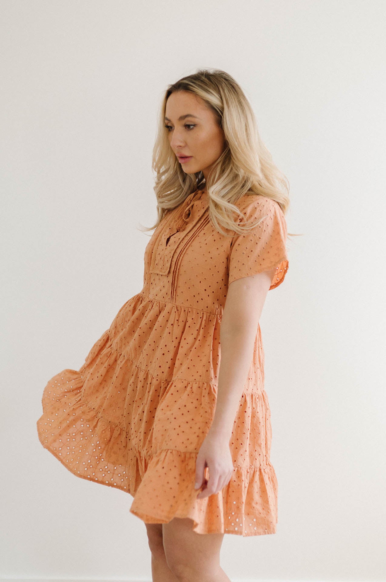 orange coral embroidered eyelet babydoll mini dress