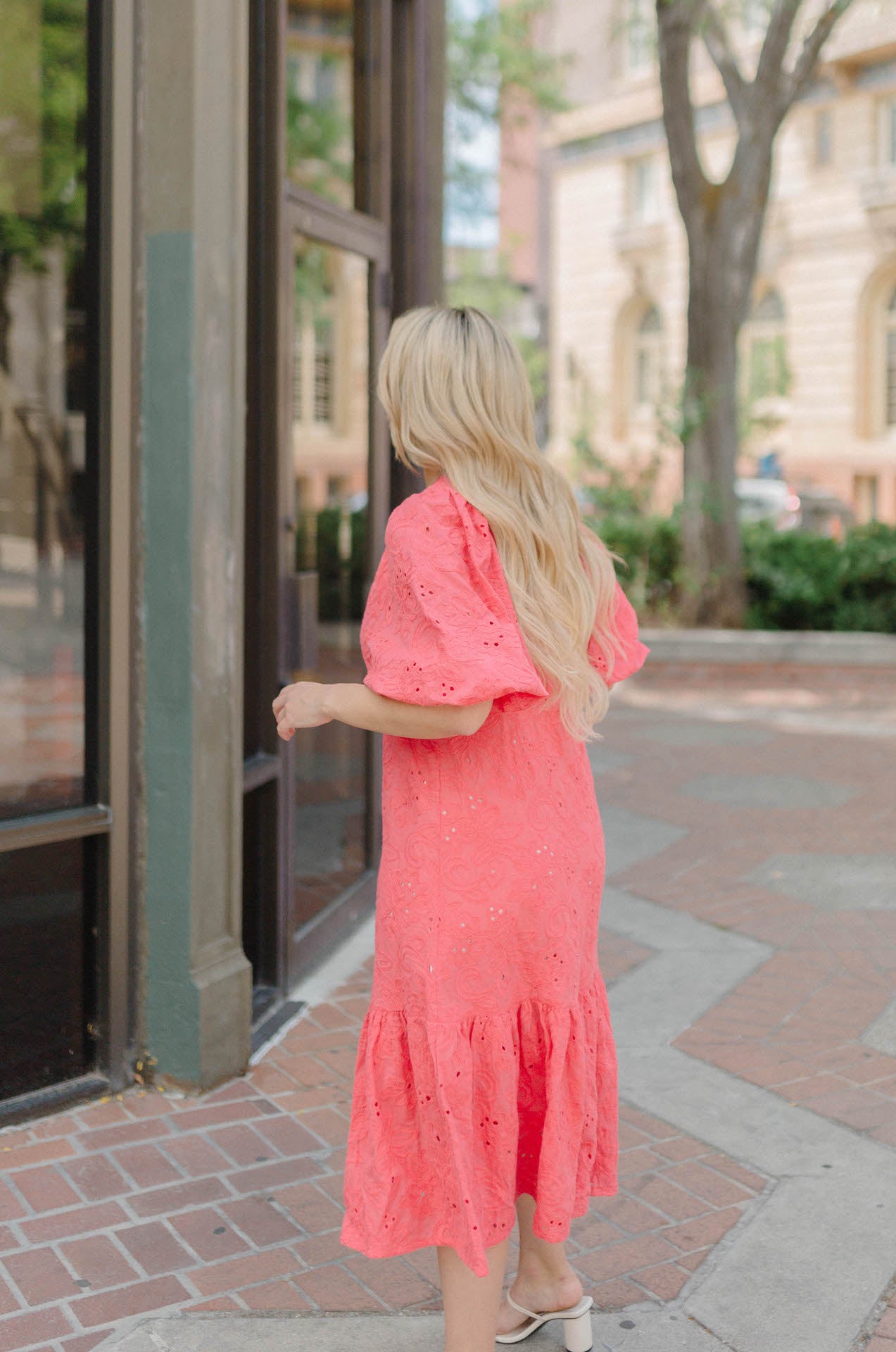 red eyelet midi dress