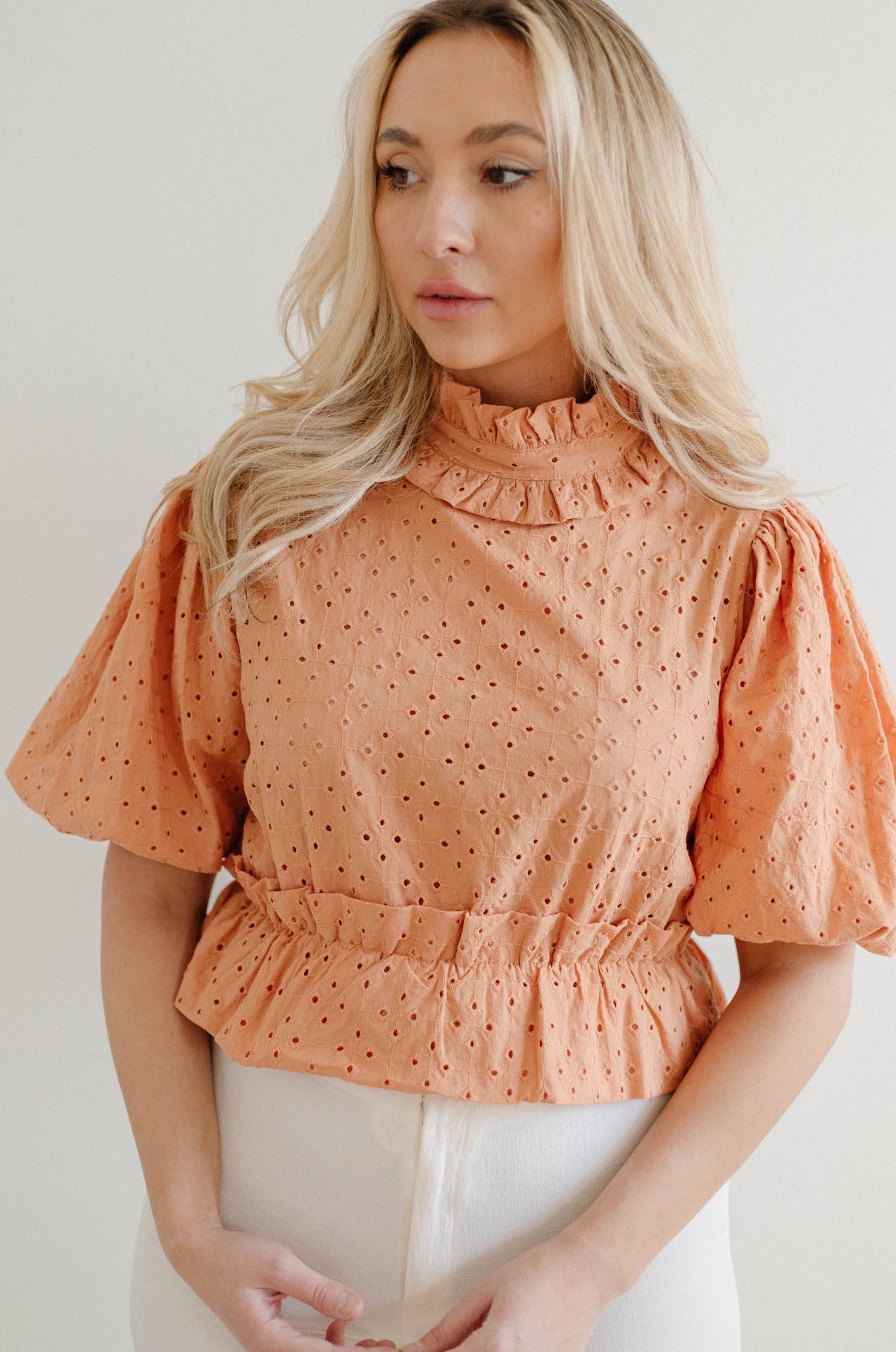 orange eyelet embroidered puff sleeve crop top blouse