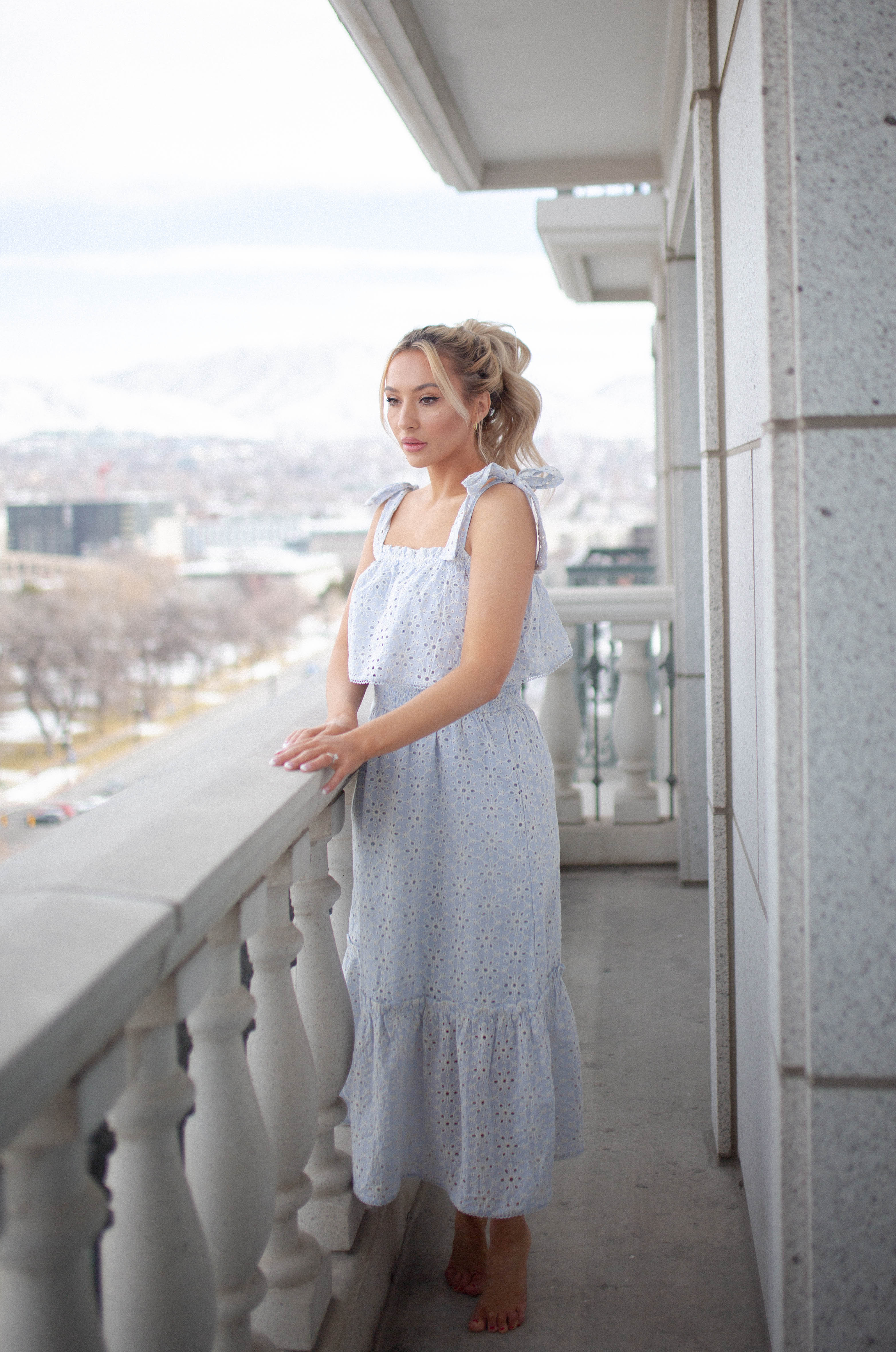 light blue eyelet midi dress