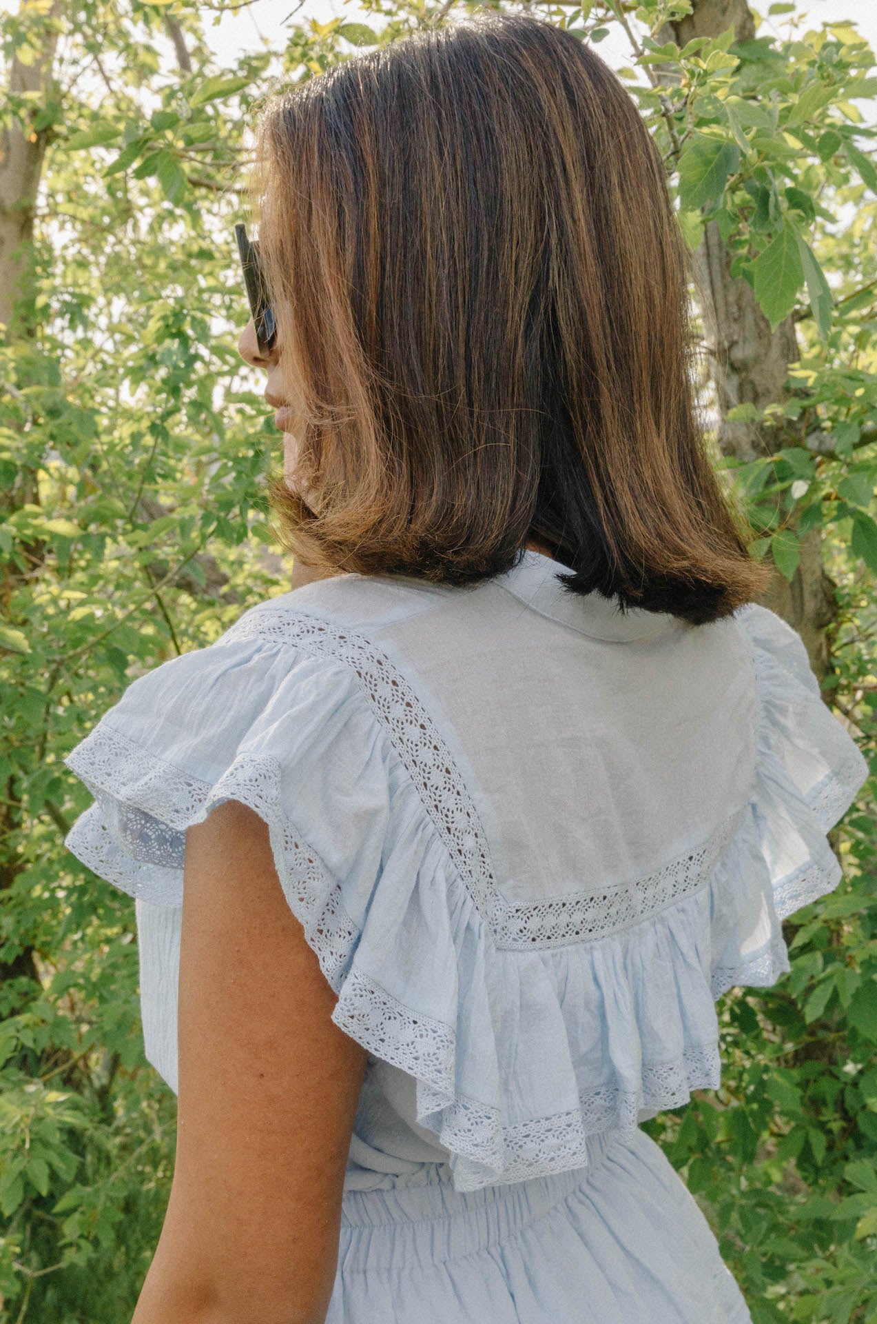 fancy matching sets of blue ruffle and lace button down shirt paired with a layered ruffled mini skirt set