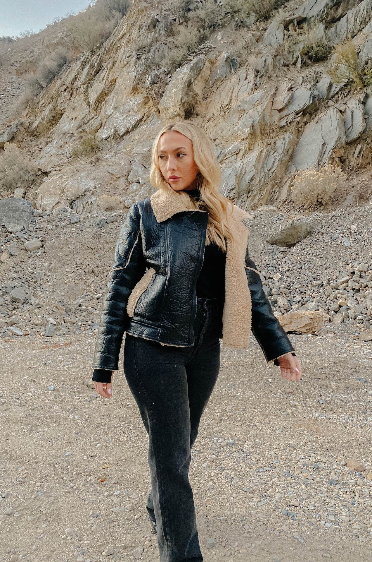 womens black faux leather biker jacket with shearling trim and interior