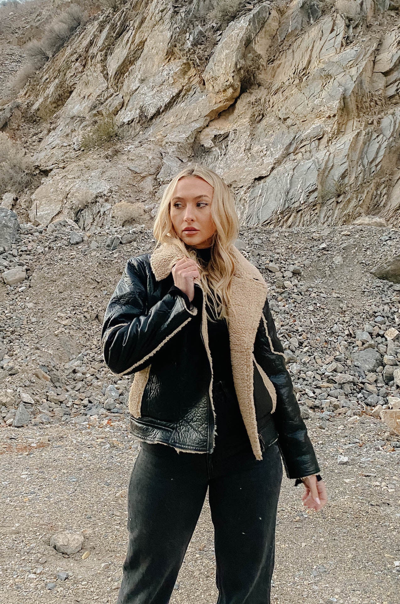 black leather shearling jacket
