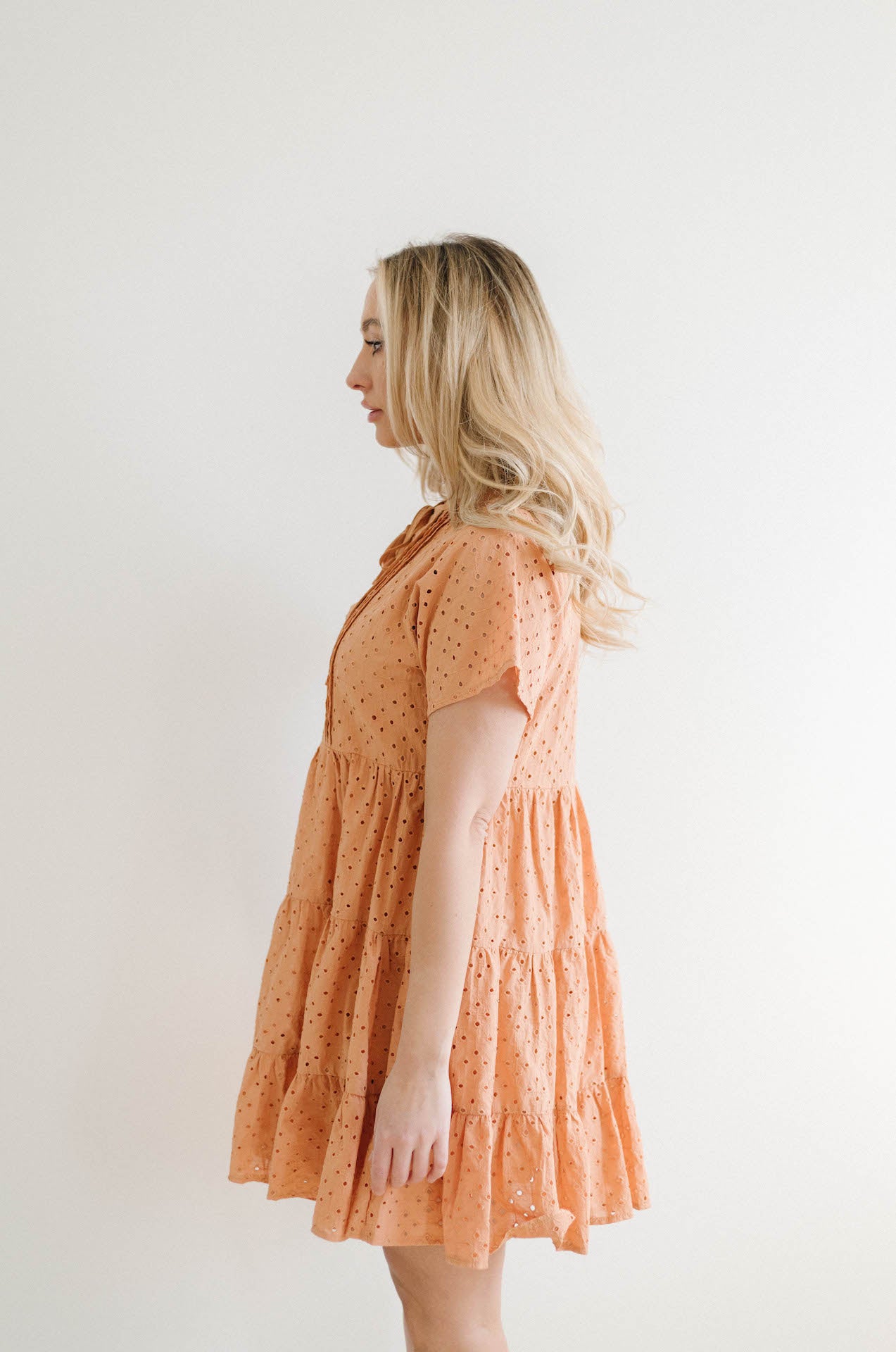 orange coral embroidered eyelet babydoll mini dress