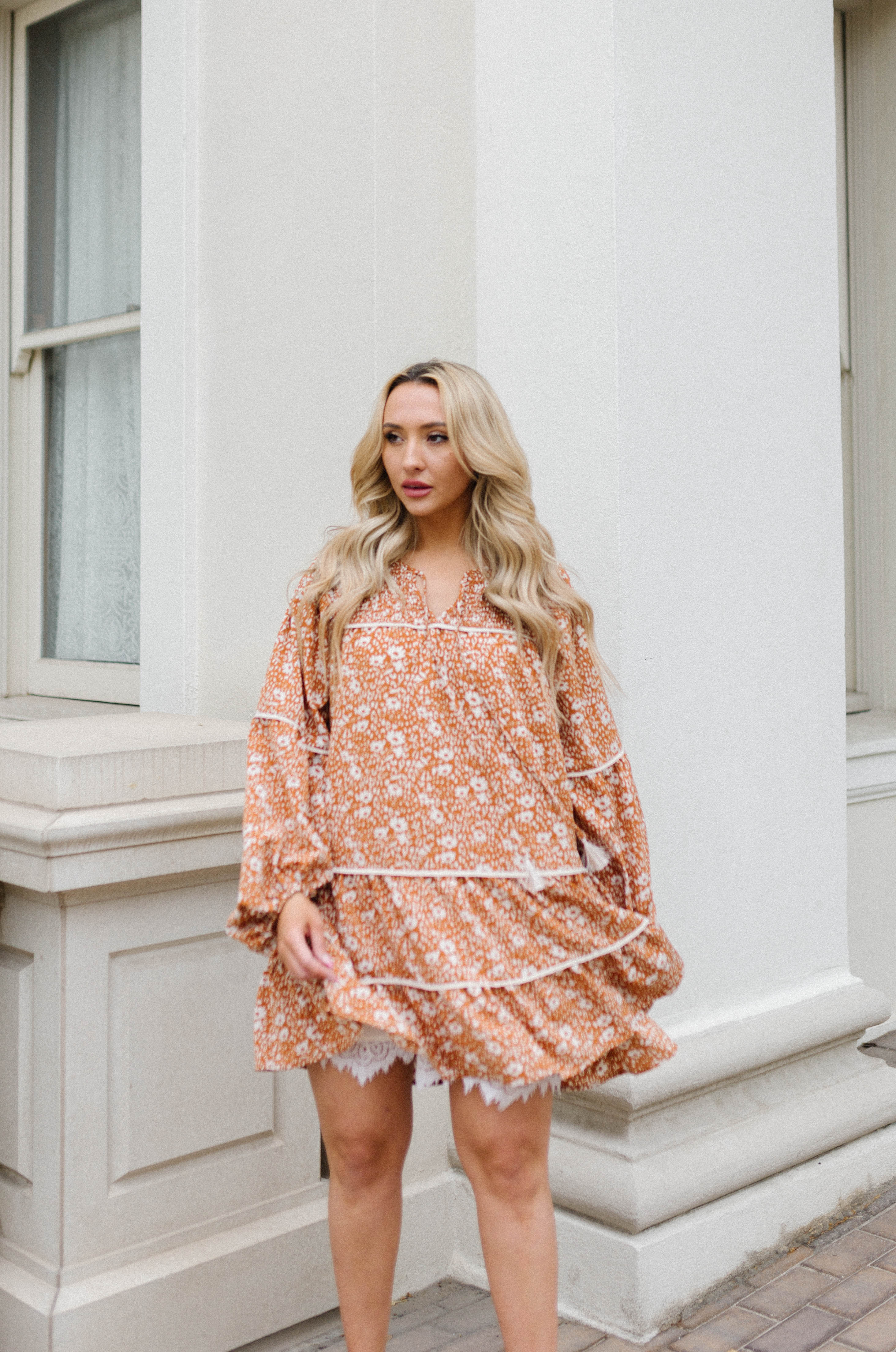 floral mini dress with tiered babydoll