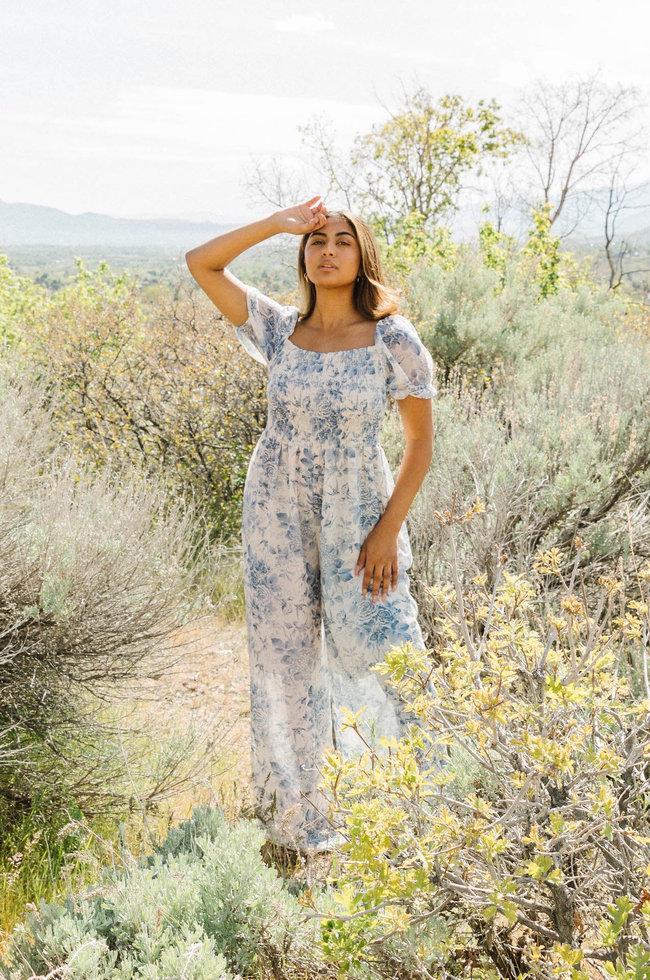 blue floral print puff sleeve jumpsuit
