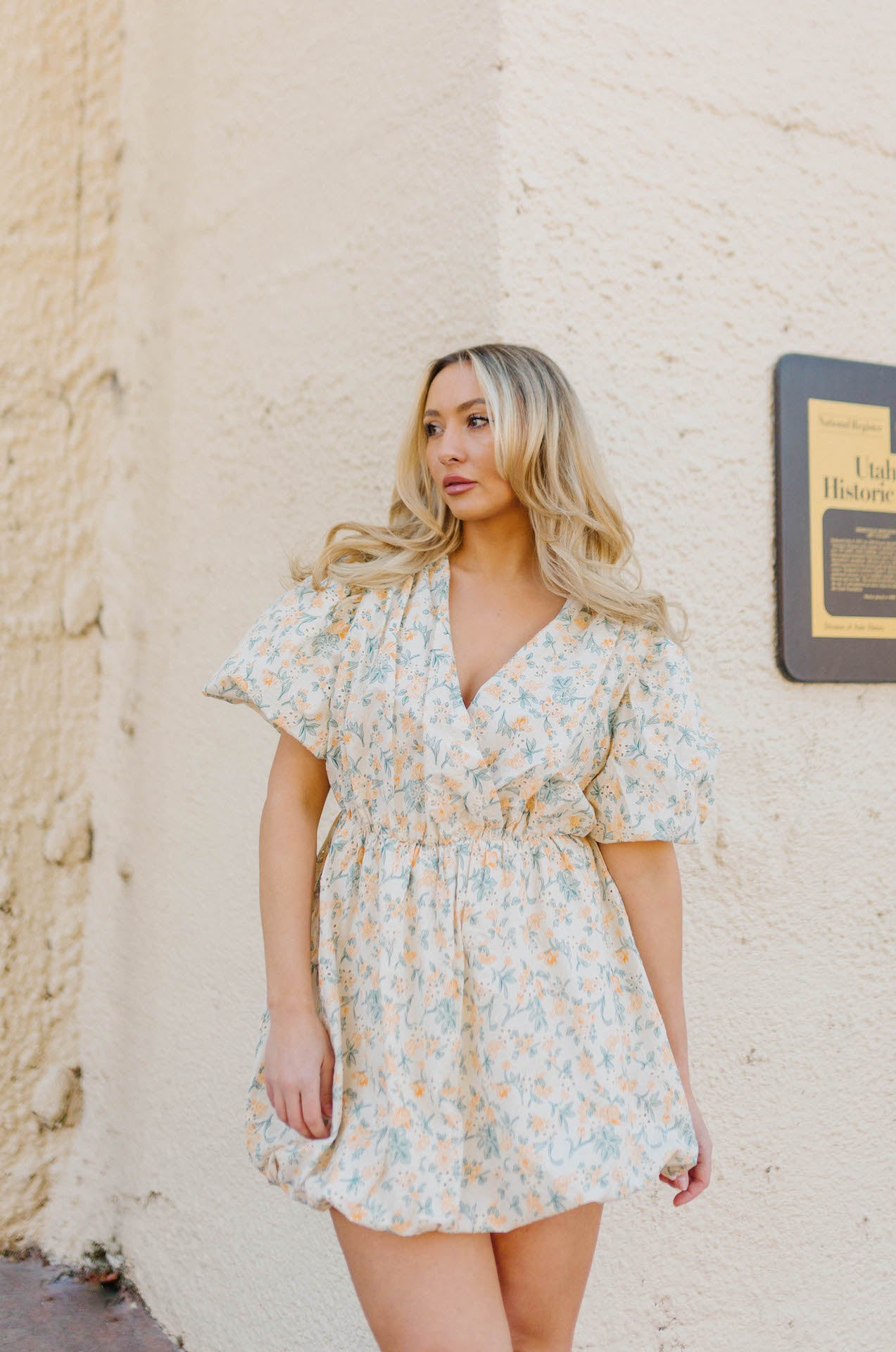 free the roses floral embroidered bubble mini dress with puff sleeves