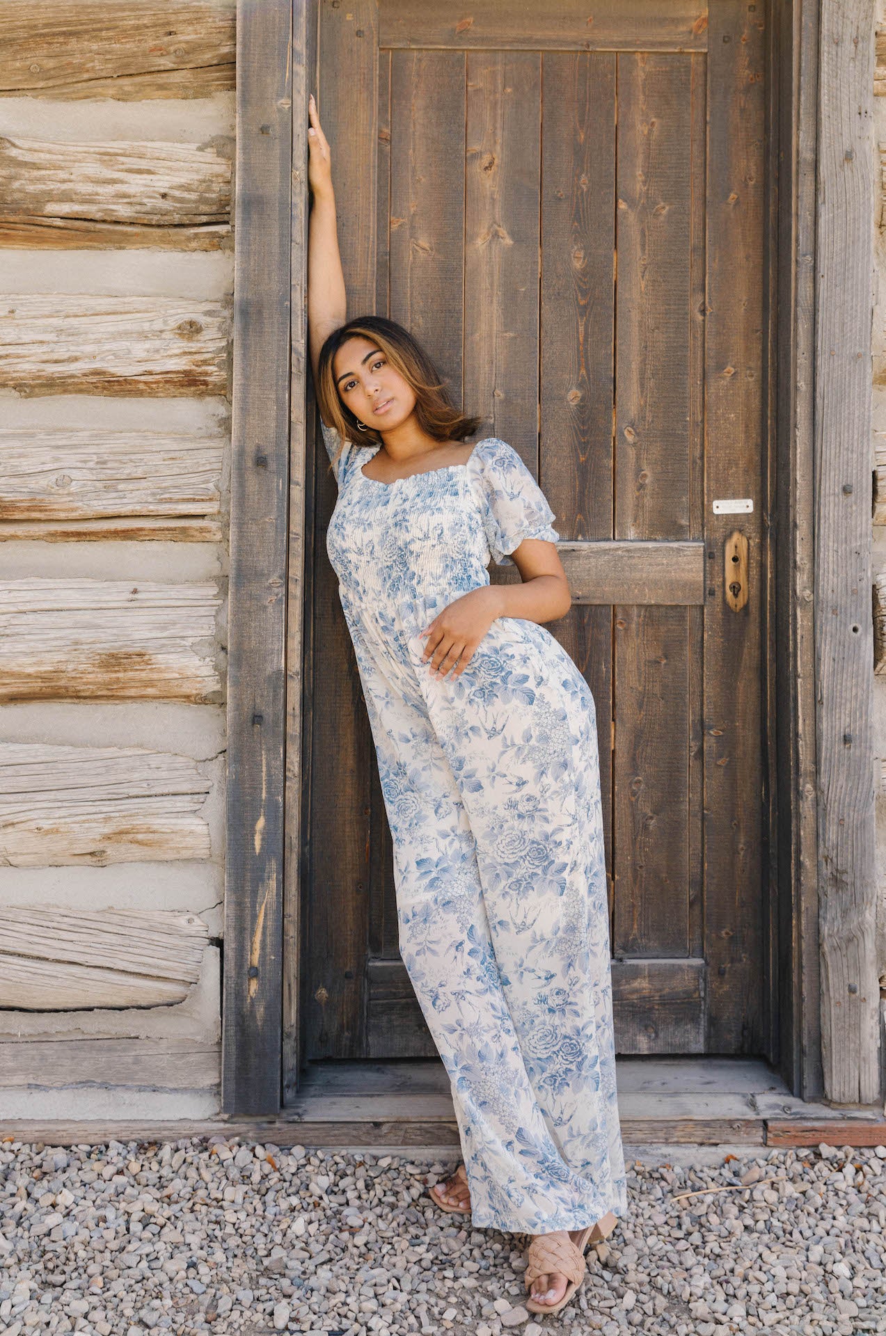 blue floral print puff sleeve jumpsuit