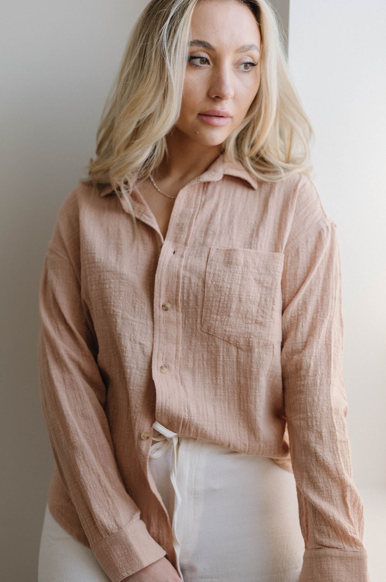 summer taupe nude crinkle gauzy button down shirt