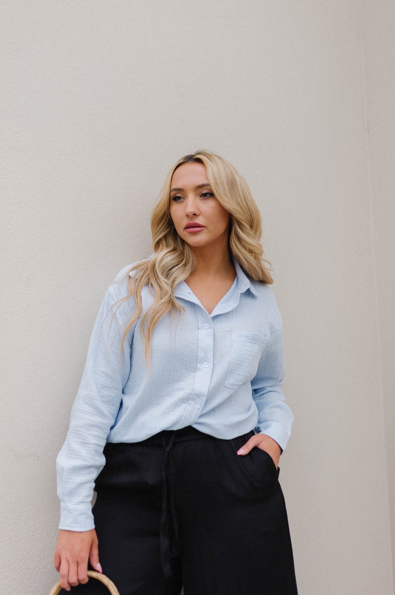 staple button down gauze button down top