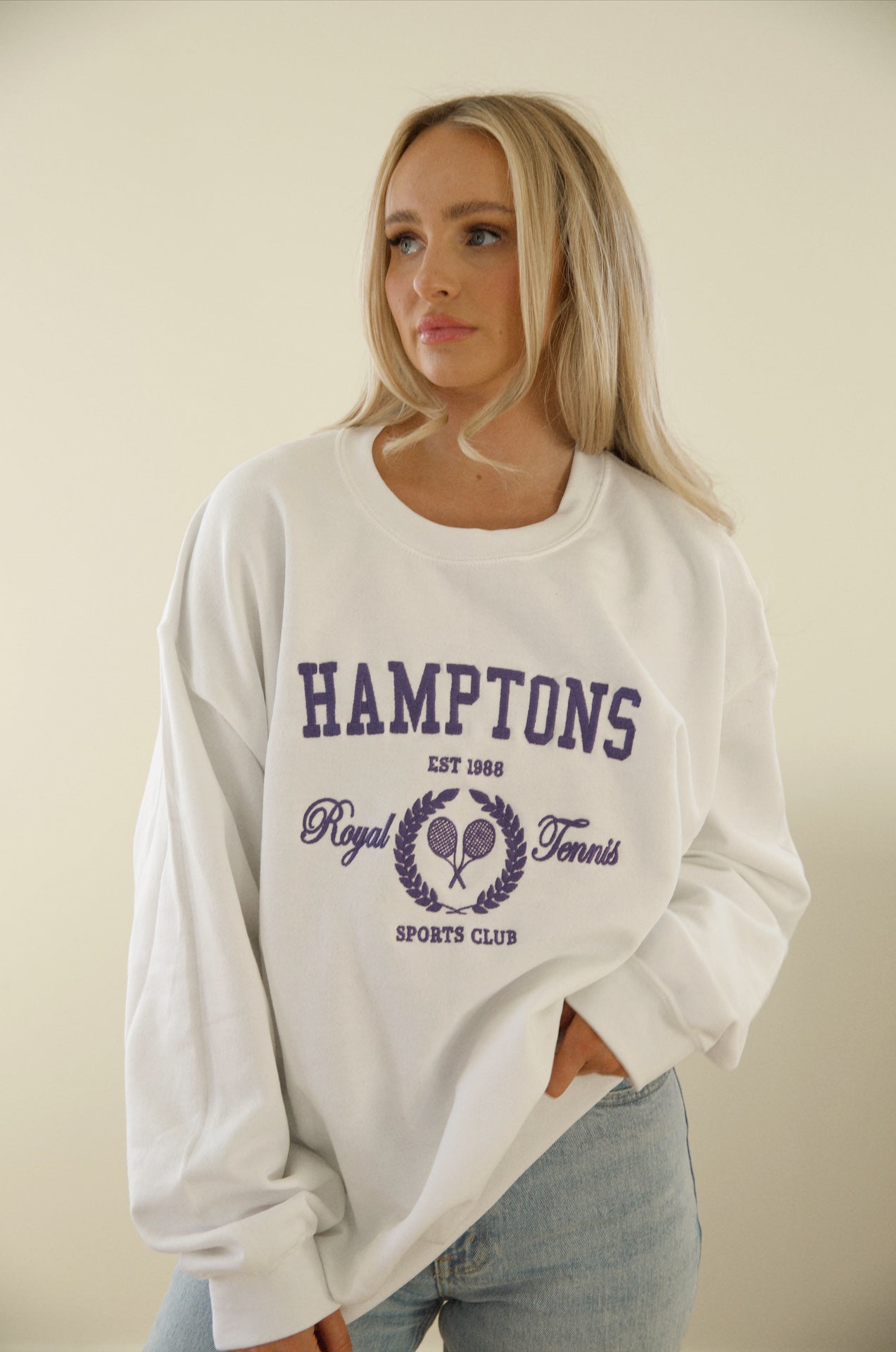 white hamptons tennis club graphic crew sweatshirt