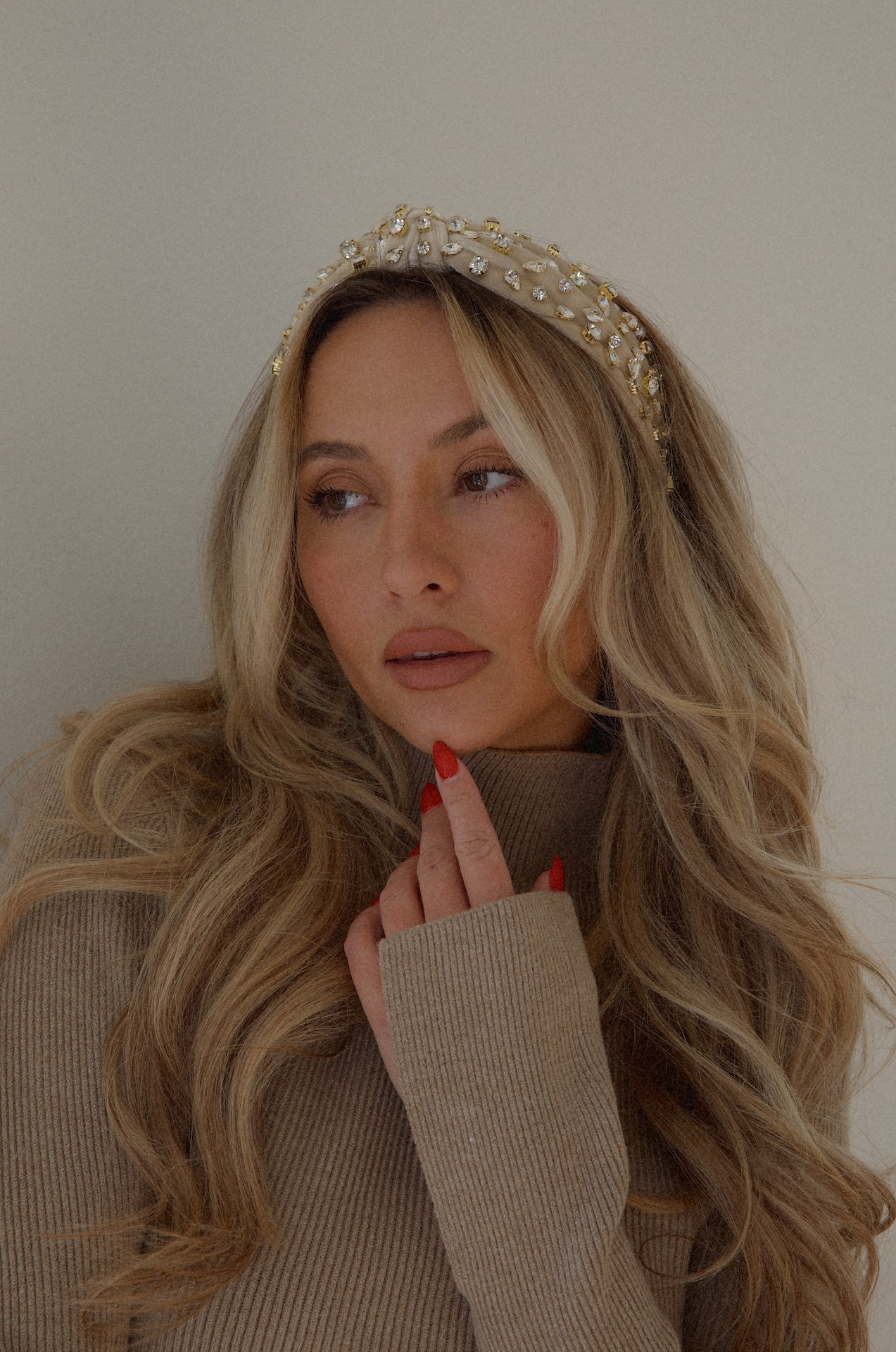 beige jeweled crystal rhinestone velvet top knot headband
