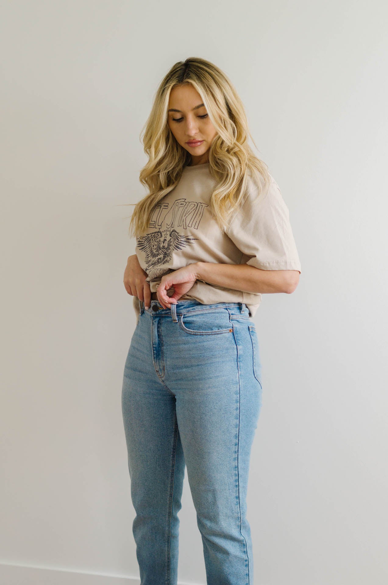cotton blend high rise ankle straight leg jeans