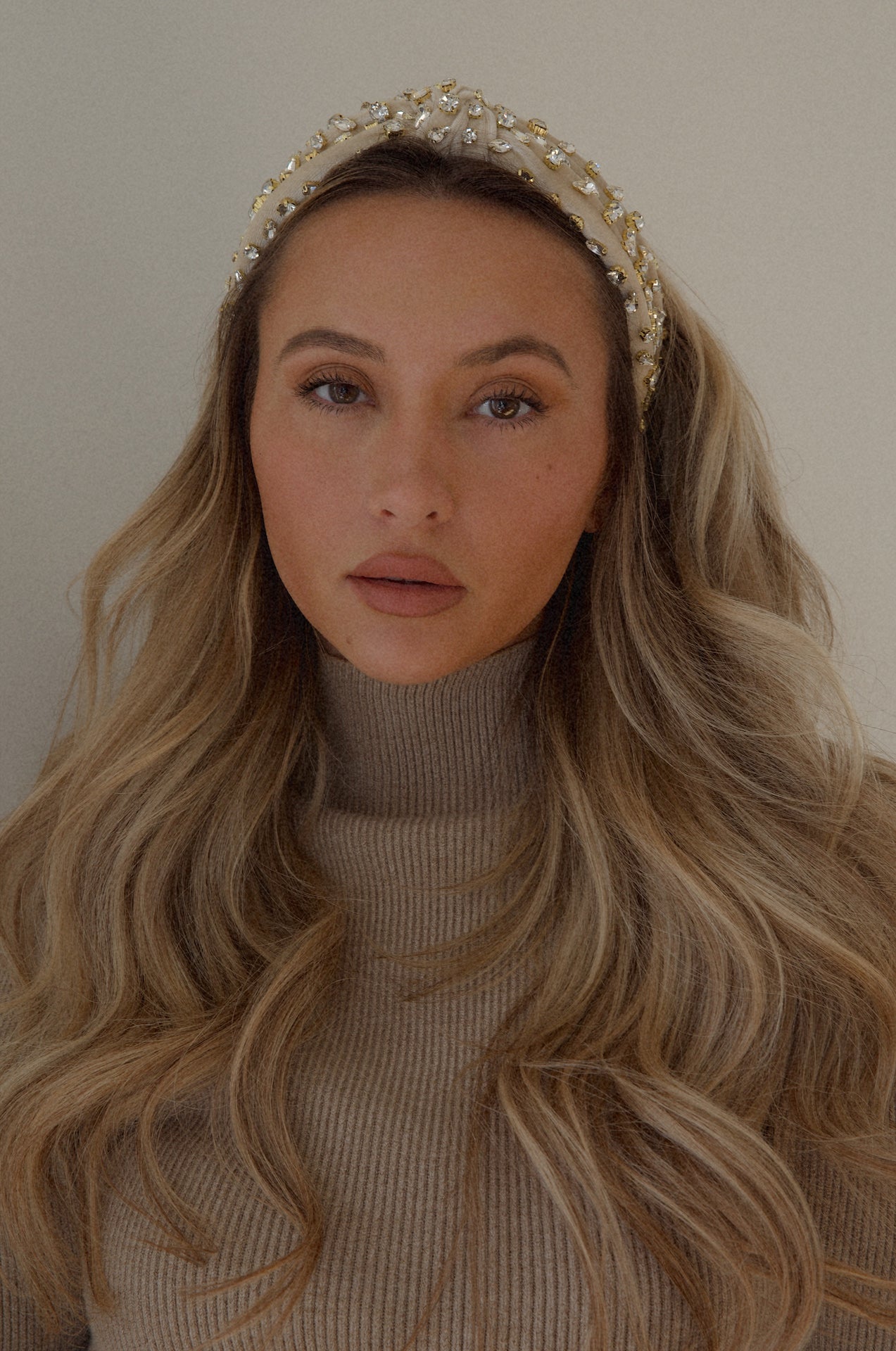 beige jeweled crystal rhinestone velvet top knot headband