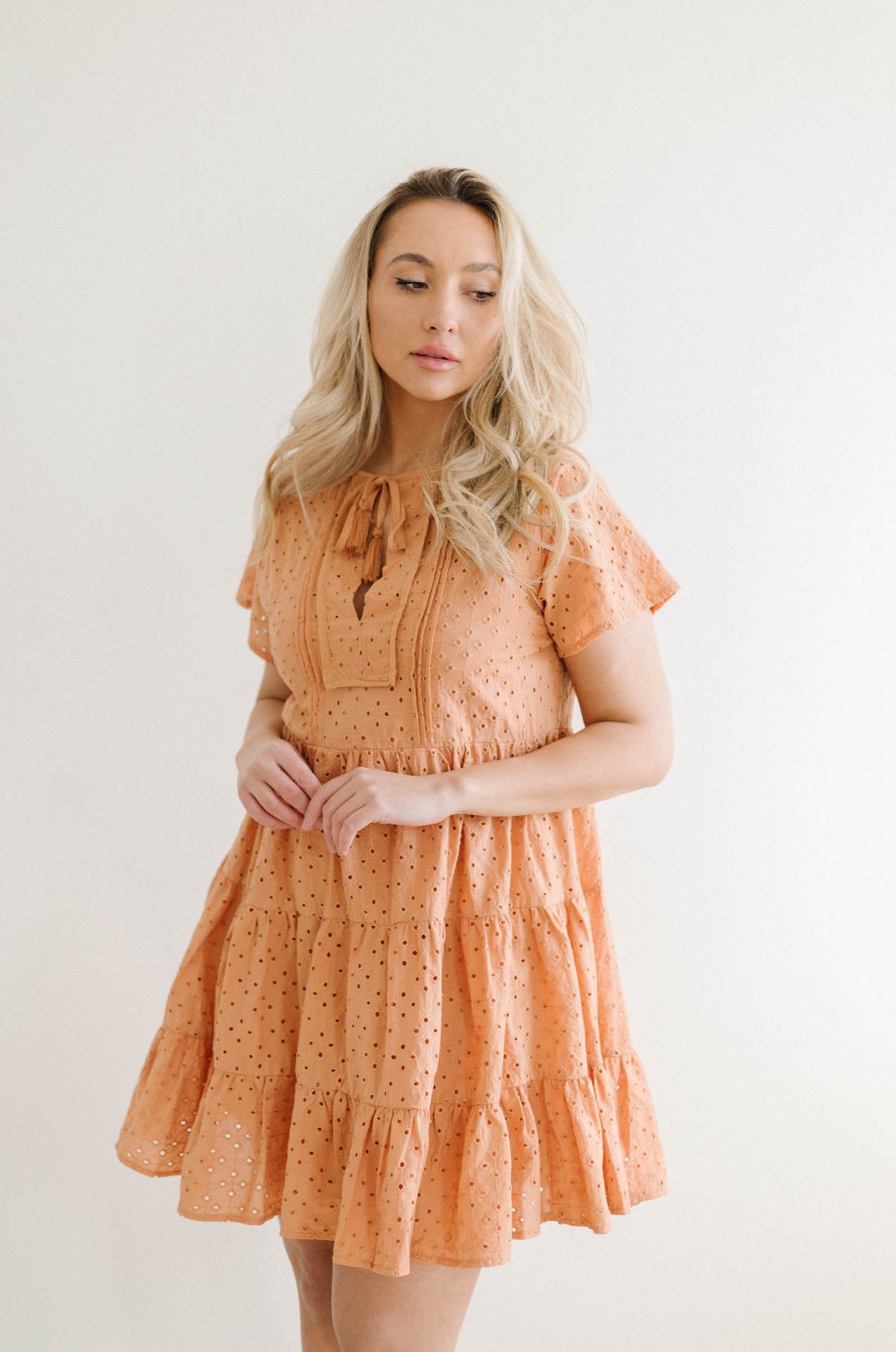 orange coral embroidered eyelet babydoll mini dress