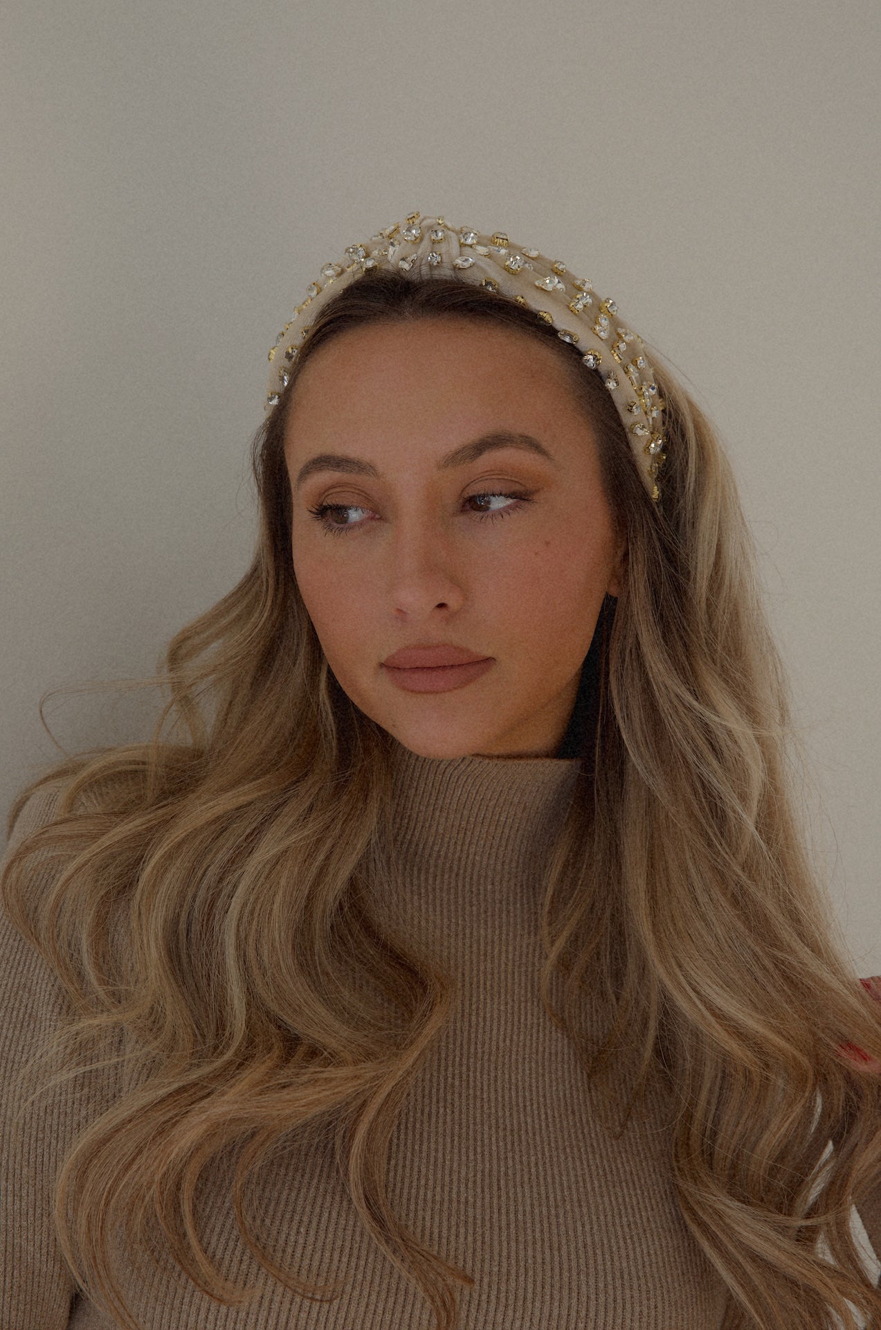 beige jeweled crystal rhinestone velvet top knot headband