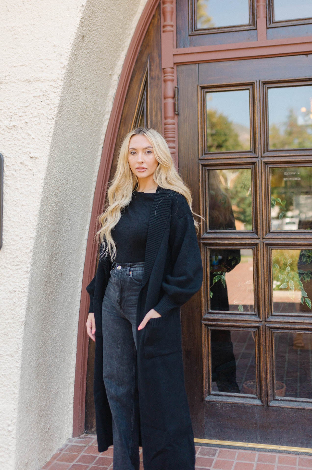 black long cardigan sweater with pockets