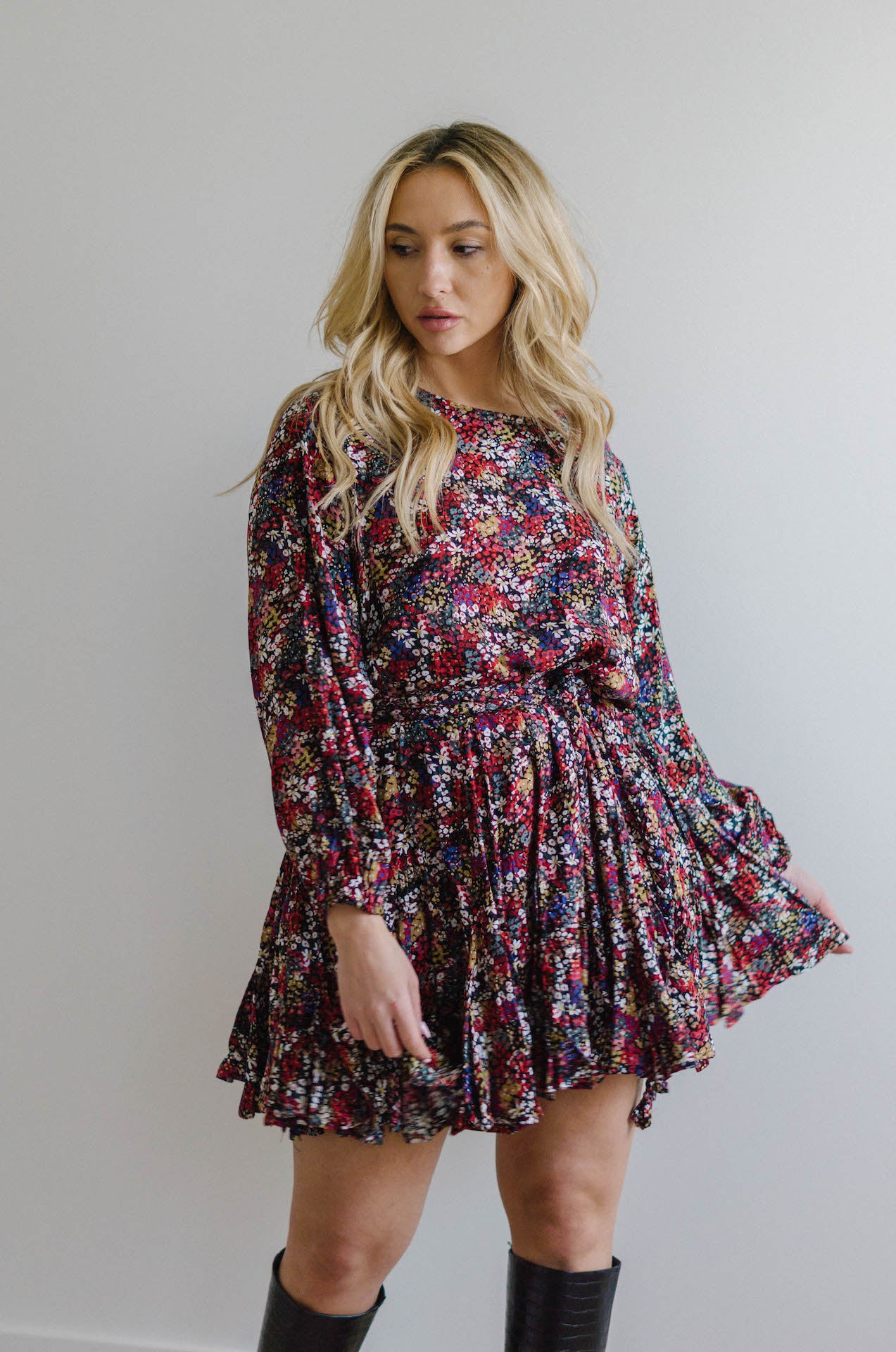 multicolor floral long sleeve mini dress with braided rope belt